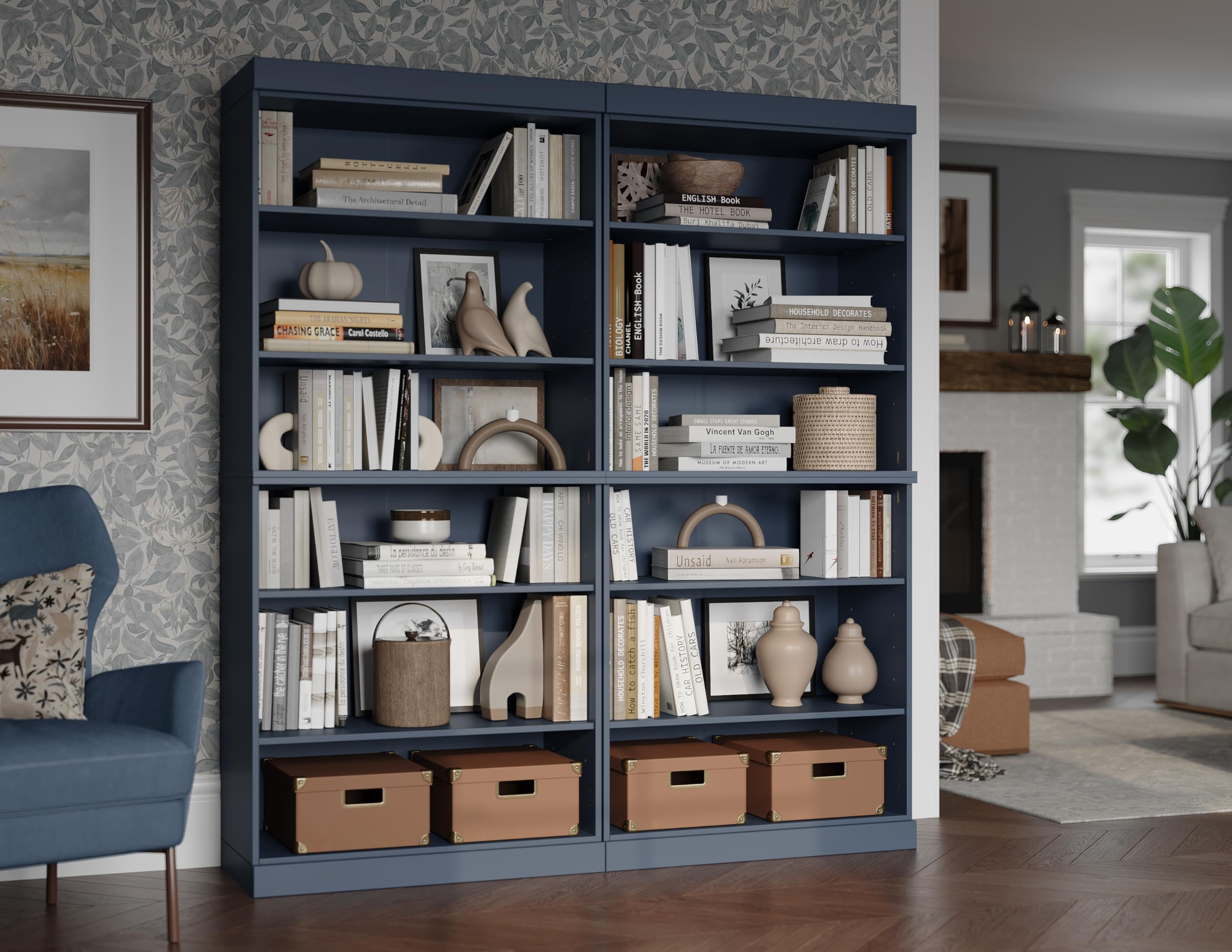 Palace Imports 12-Shelf Bookcase, 100% Solid Brazilian Pine Wood, Adjustable Shelves, 64" Wide, 71.5" Tall, Antique Blue
