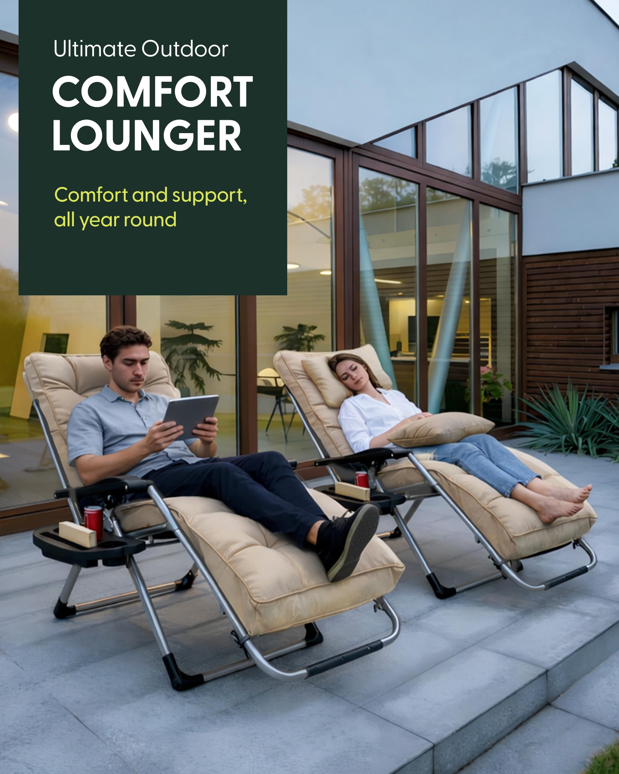 KEPLIN Square Tube Gravity Chair with Cushion 1 Pack – Extra Wide 72cm Zero Gravity Reclining Garden Chair, Reinforced Frame Supports 150kg, Locking System, Cup Holder, Foldable Sun Lounger — view 9