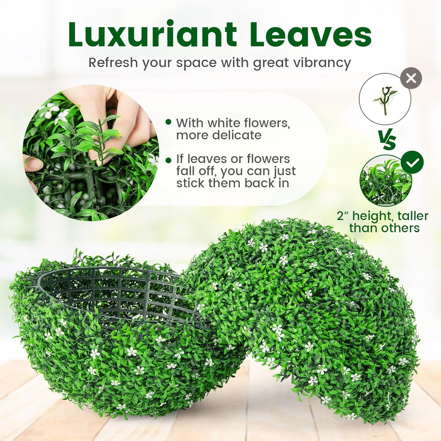Goplus 2 PCS 19.5 Inch Artificial Plant Topiary Ball, Round Holly Faux Boxwood Balls Outdoor with White Flowers, Garden Spheres Decorative for Front Door, Porch, Backyard, Balcony, Patio, Wedding