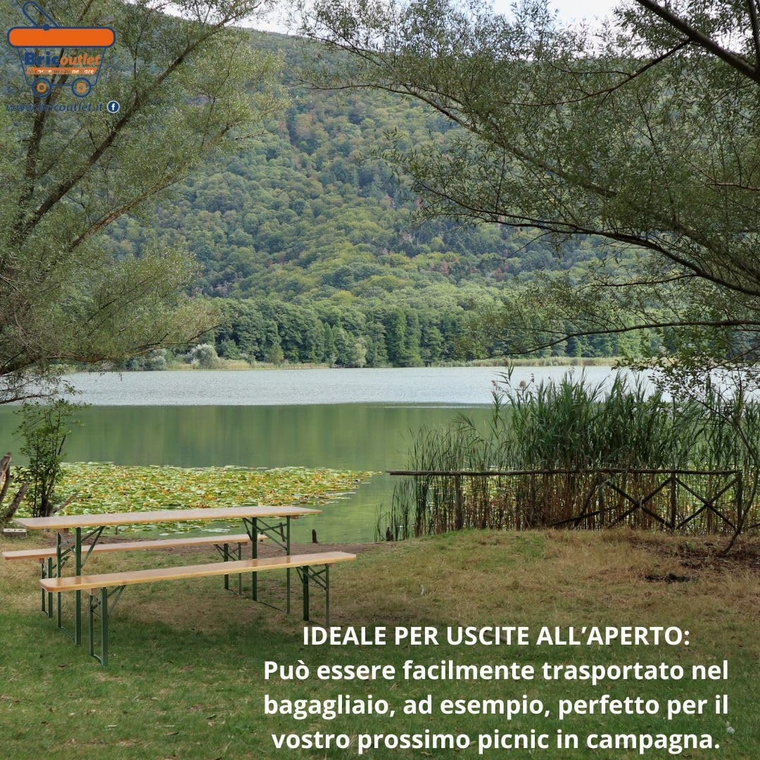 Set Birreria 2 Panche e Tavolo in Legno Naturale, Richiudibile, Salvaspazio 120x60cm