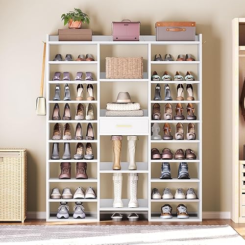 Miniatura 6 de HOOBRO Zapatero de 10 niveles de alto, organizador grande de zapatos de madera de 47 pulgadas, estante de zapatos de 61 pulgadas de alto con cubos y