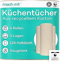 4 x 3-ply kitchen rolls, 128 half sheets per roll, free from bleach, made in Germany, made from recycled cardboard, extra absorbent and environmentally friendly, recyclable, kitchen paper, make m!t