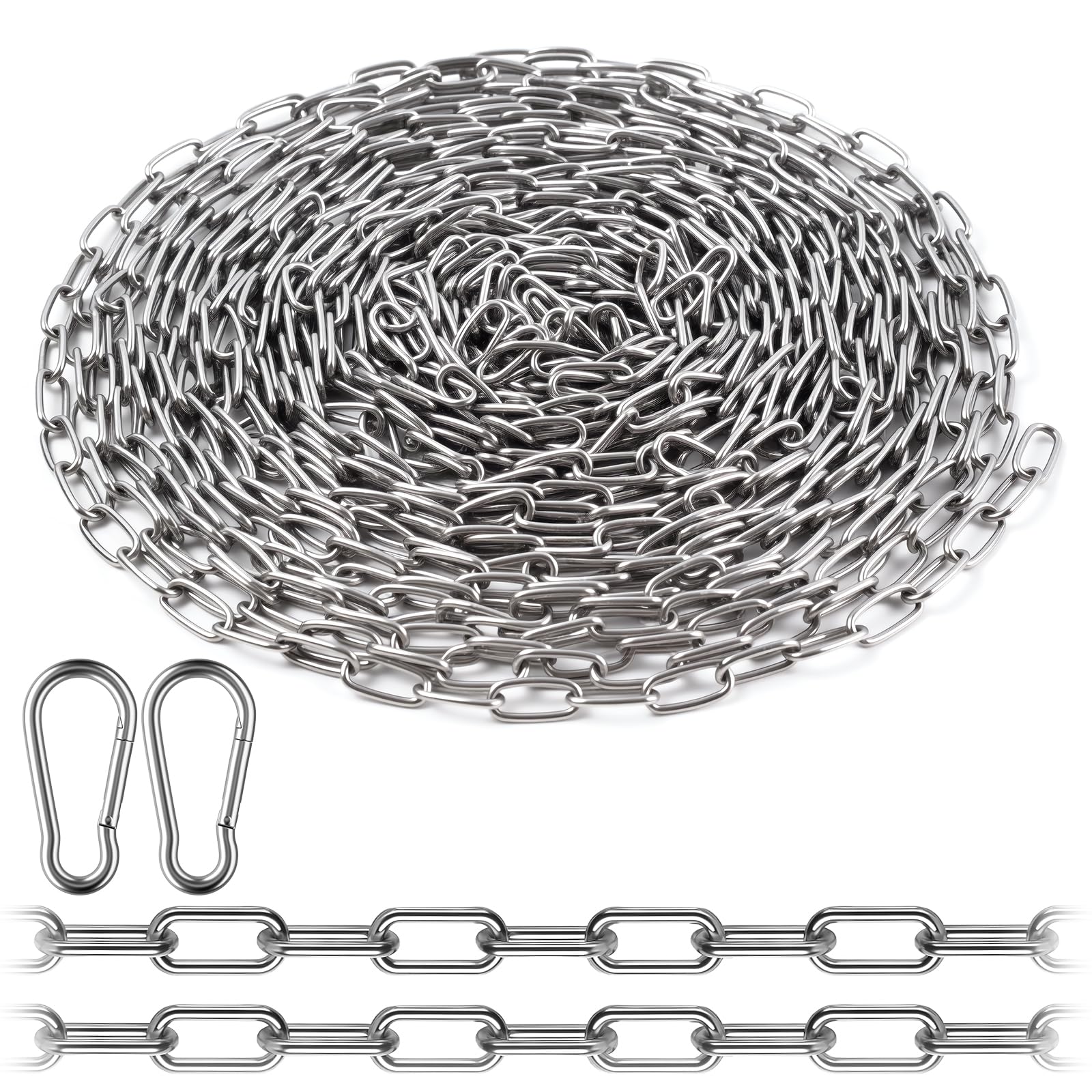 Foretogo Sliver 304 Stainless Steel Chain, 10 Metres Heavy Duty Chain Links With 2 Carabiner, 1.5Mm Galvanized Steel Welded Links Chains, Metal Chains Link For Fences Gates Bikes Security Locks