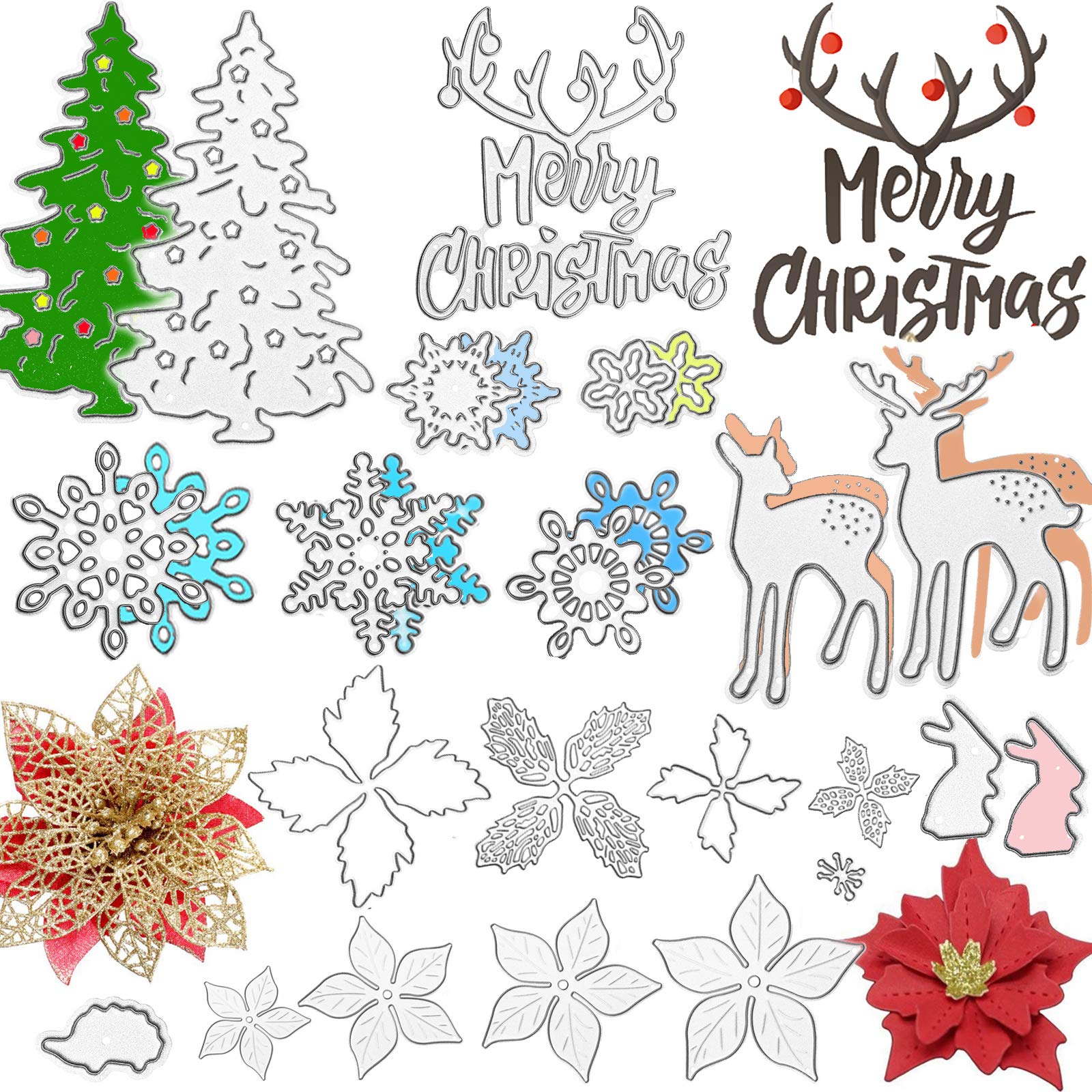 Patelai 20 Troqueles de Corte de Metal Navideños Troqueles de Corte de Flores Merry Christmas, Plantillas de Corte de Copo de Nieve, Ciervos, Árbol de Navidad para Álbum de Recortes en Relieve