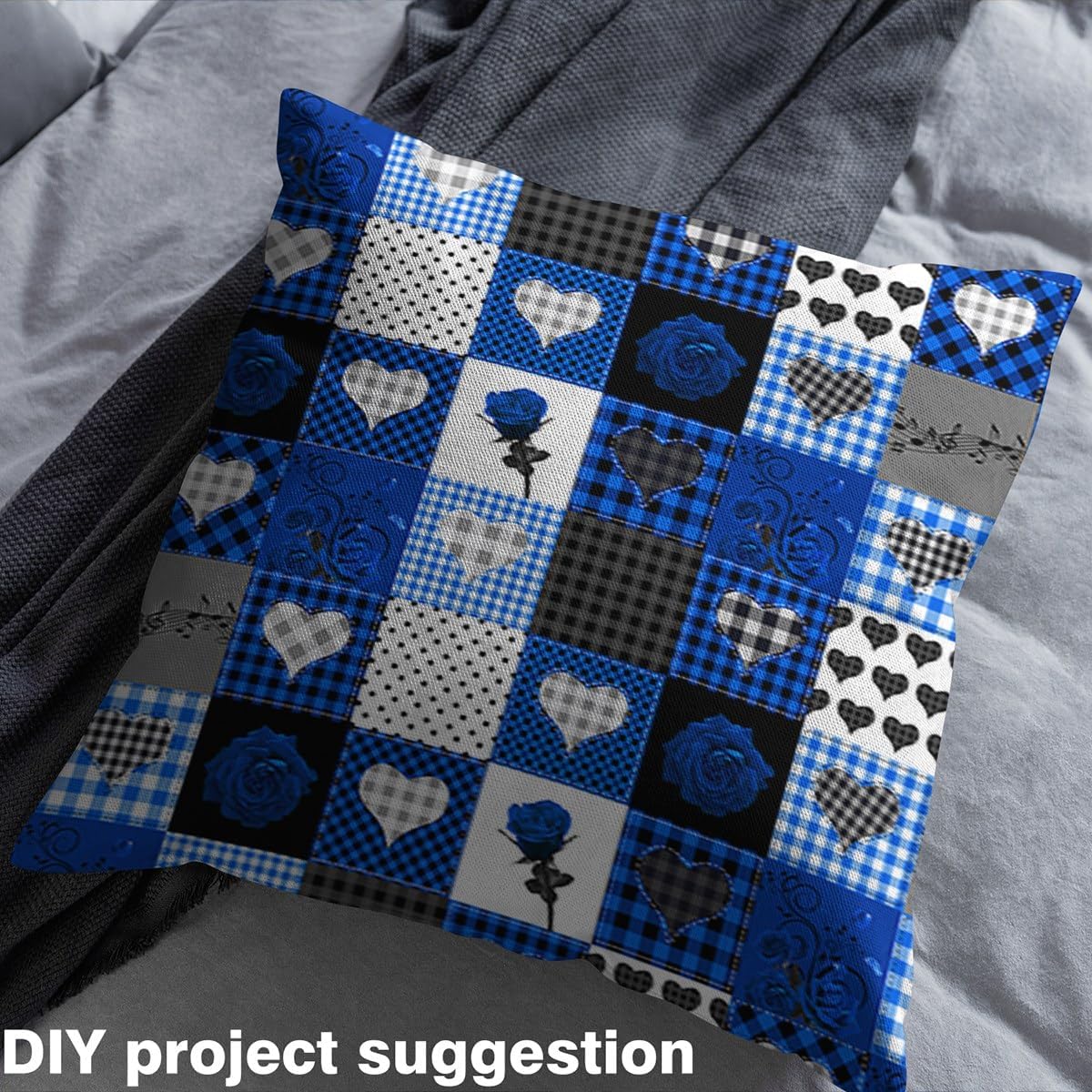 Watercolor Blue Roses Fabric by The Yard, Checkers Hearts Waterproof Fabrics,Happy Valentine's Day Fabric,Farmhouse Style Indoor Outdoor Fabrics,3 Yards,108" L x 59" W,108" L x 59" W
