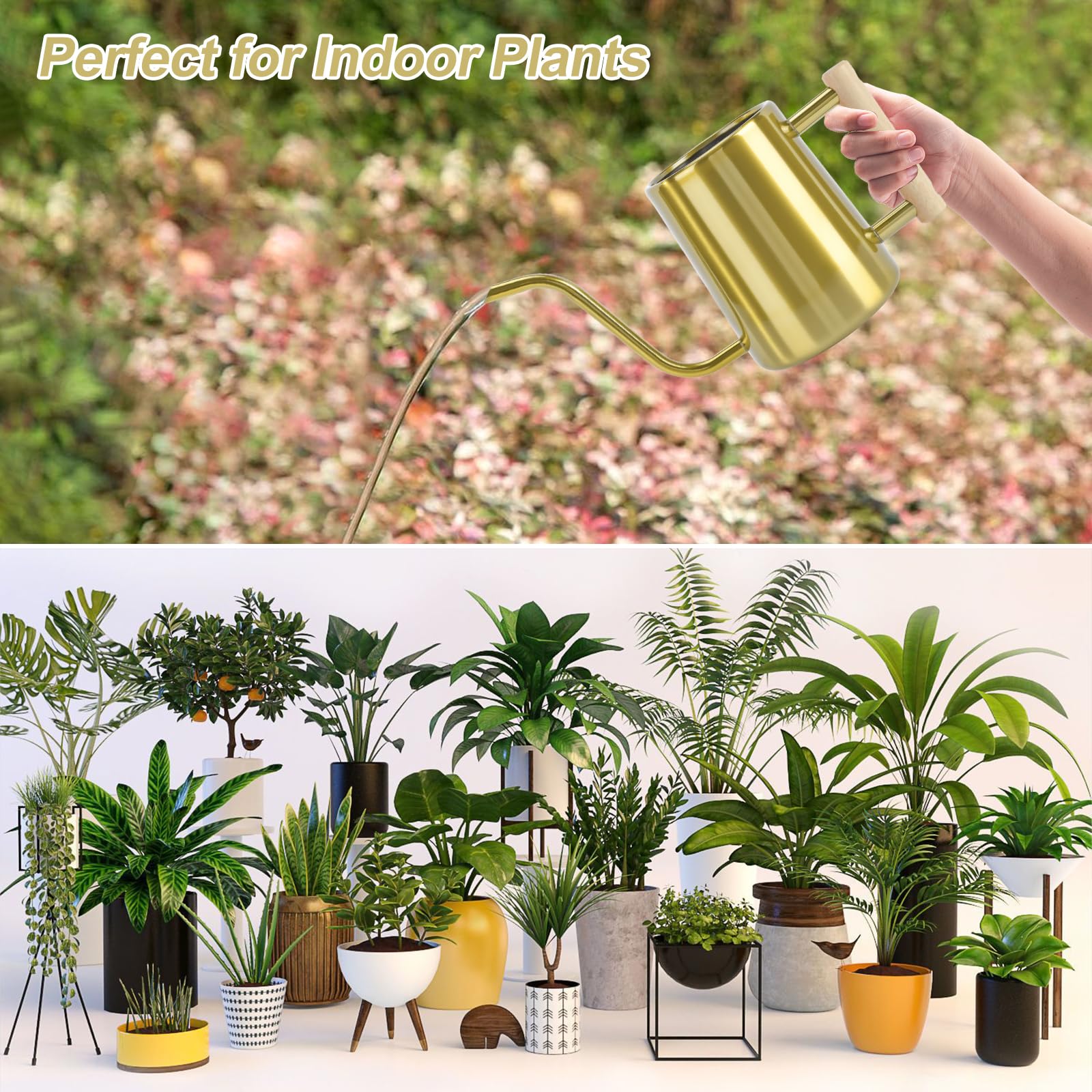 Watering Can Indoor Plants, 35 oz/1000 ml Metal Stainless Steel Watering Can Pot with Long Spout for Indoor House Plants Bonsai Outdoor Garden Flower Decorative (): Gold