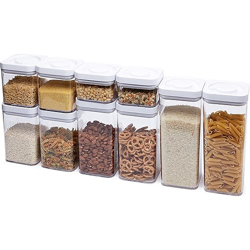 Amazon Basics Airtight Food Storage Containers, BPA Free, with Twist/Turn Lids, for Kitchen Pantry Organization, 10-Piece Square Set, Clear Plastic
