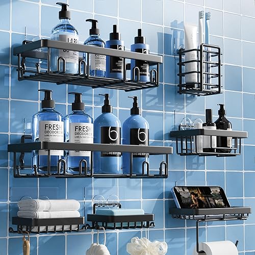 Paquete de 7 estantes adhesivos de ducha de acero inoxidable para almacenamiento de baño, sin perforaciones, gran capacidad, acero inoxidable, para