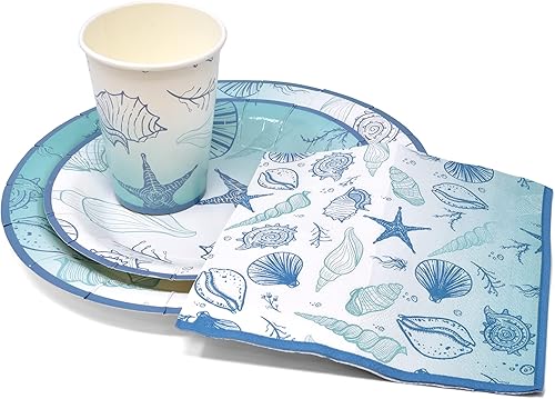 Miniatura 2 de Gift Boutique 96 piezas de suministros de fiesta de estrellas de mar y conchas marinas, platos de papel, servilleta para verano, playa, mar, océano,