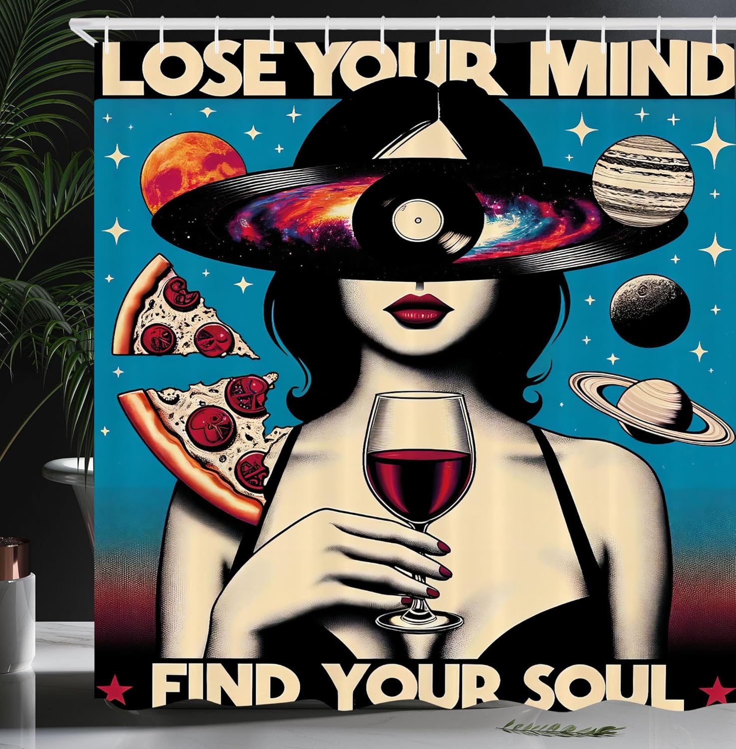 Ambesonne Vintage Shower Curtain, Galaxy Themed Retrospective Lose Your Mind Lettering Woman Vine Mars, Cloth Fabric Bathroom Decor Set with Hooks, 69" W x 84" L, Eggshell Black Multicolor