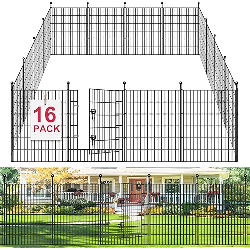 16 Panels Decorative Garden Fence, 32in(H) X 34.7ft(L) No Dig Animal Barrier Fencing, Rustproof Metal Garden Fence Panels with Gate, Dog Fence Outdoor for Yard