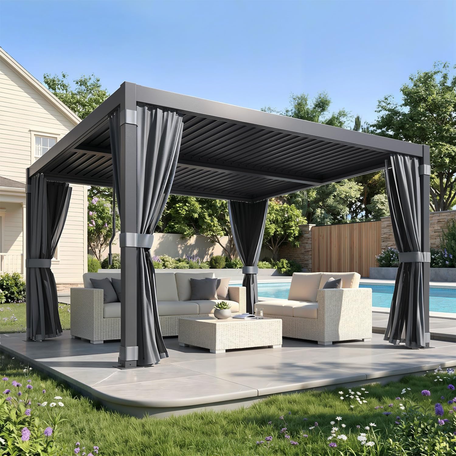 Pergola Bioclimatique 3x3 m, Pergola en Aluminium et Acier avec Toit à Lamelles Orientables, Tonnelle de Jardin avec Rideaux Étanches et Moustiquaires, Noir