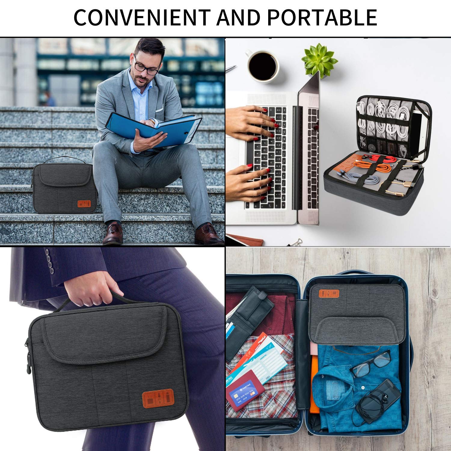 HOLIMET Kabel Organizer Tasche, elektronische Zubehörtasche Doppelschicht für Reisen wasserdichte Kordel Aufbewahrungstasche für iPad, Kindle, Festplatten, Kabel, Ladegeräte, Power Bank und mehr