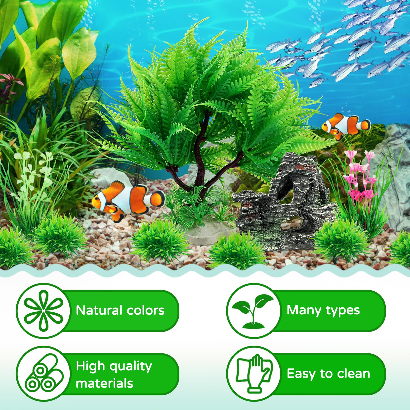 QUOZUO 9 Pièces Petit Taille Plantes d'aquarium Plastique Décoration et Rocher Polyrésine Grotte Ornement Decoration
