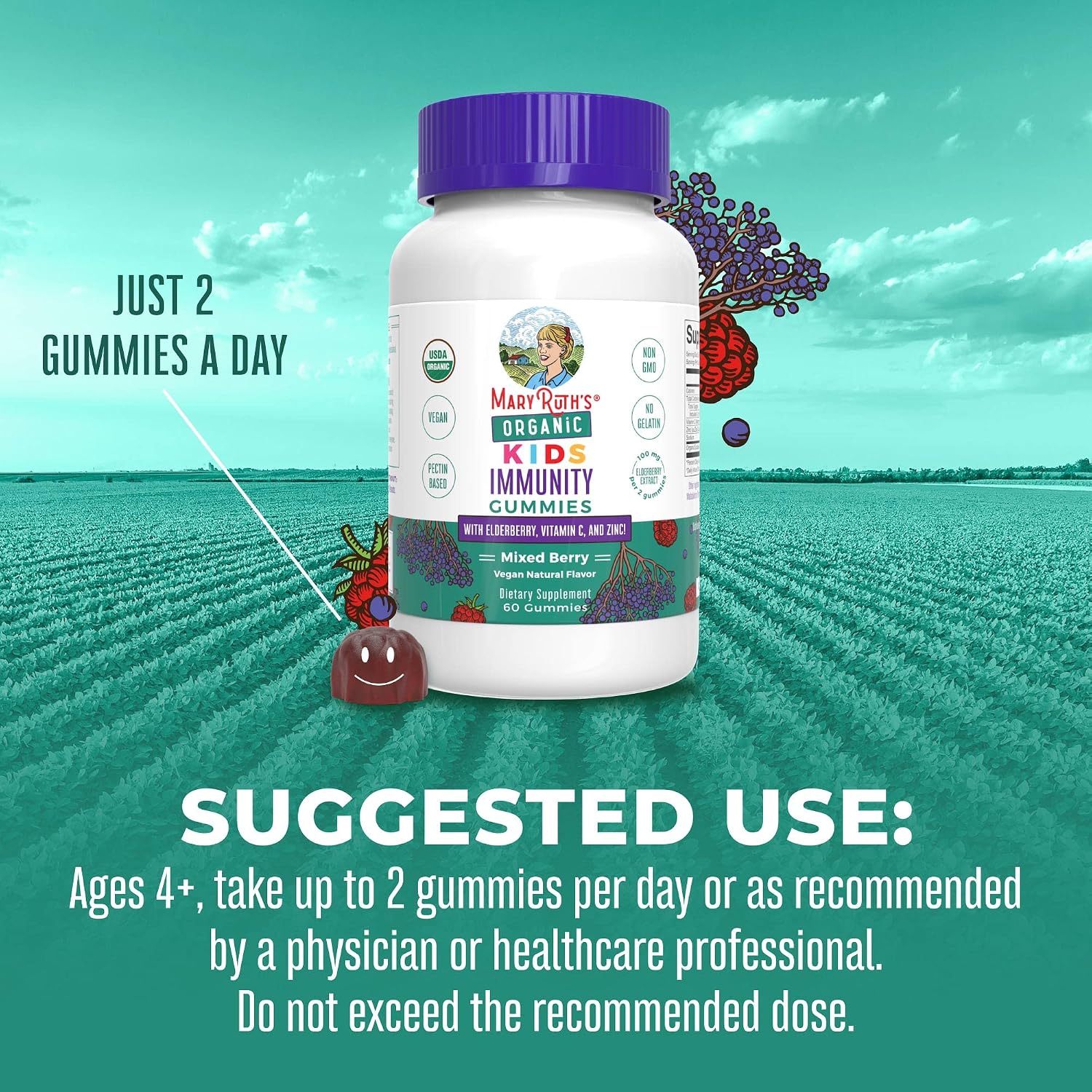 MaryRuth's Kids Immune Support Gummies | USDA Organic | Vitamin C, Zinc, and Elderberry Gummies | Immune Support for Kids Ages 4+ | Vegan | Non-GMO | Gluten Free | 60 Count