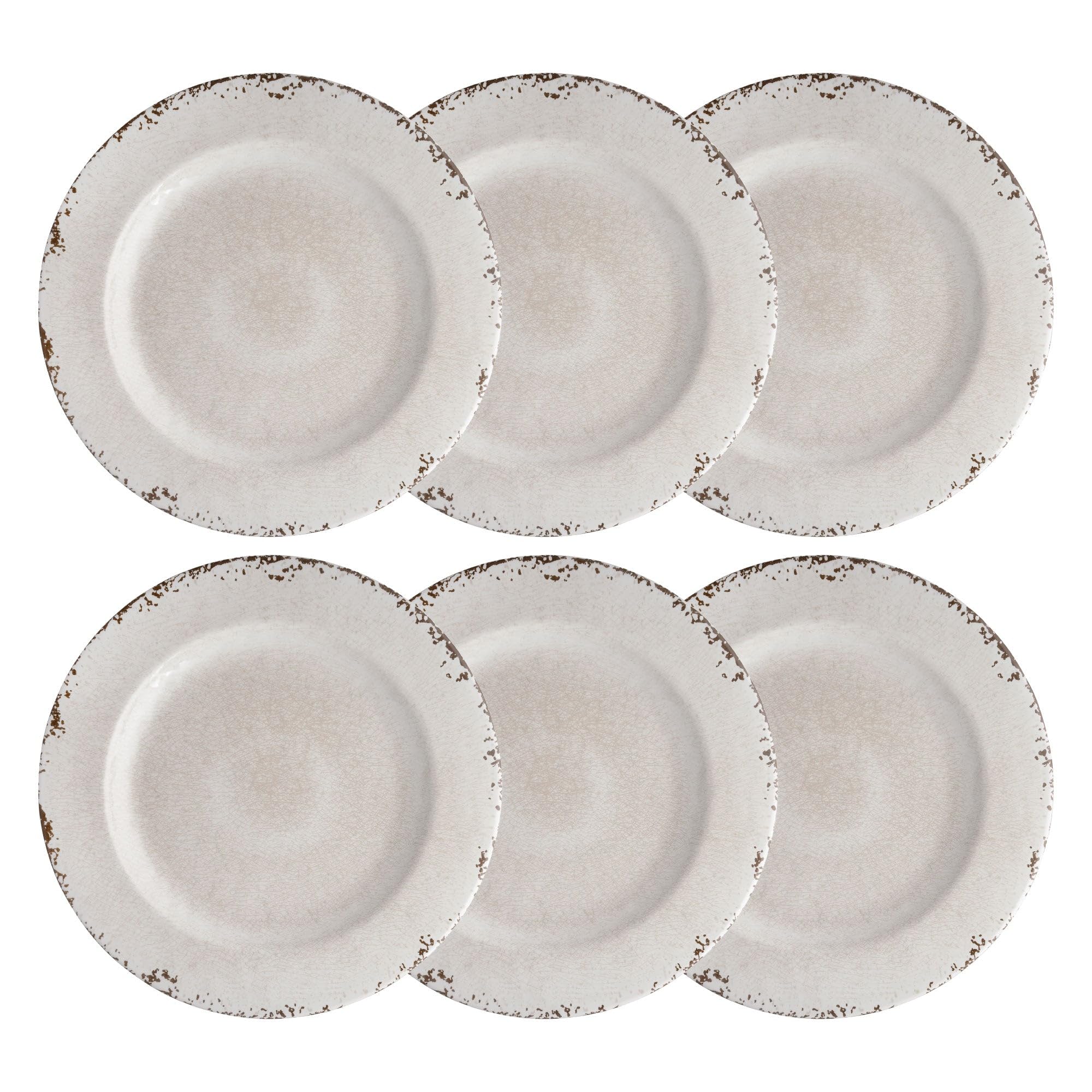UP UPware - Set di 6 piatti piani in melamina crackle, piatti rotondi per portata principale, pasta e insalata, senza BPA, lavabili in lavastoviglie, color crema, 27 cm