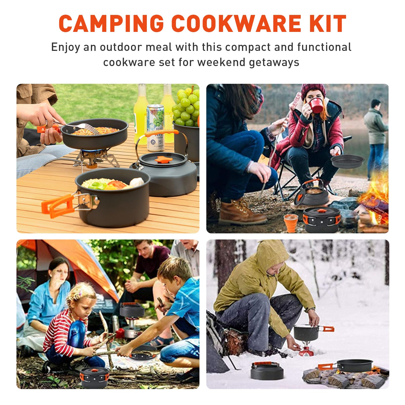 Kit de utensilios de cocina para camping, juegos de cocina portátiles con hervidor, ollas al aire libre, sartenes, tenedor, cuchara, kits para viajes al aire libre, senderismo, mochileros, aventuras