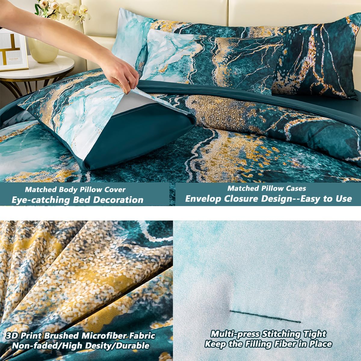 PERFEMET 6 Pieces Full Size Comforter Set Aqua Gold Bed in A Bag Watercolor Marble Bedding Comforter with Sheets Soft Lightweight Abstract Artwork Green Bed Sets for All Season Use(Aqua, Full) - Image 6