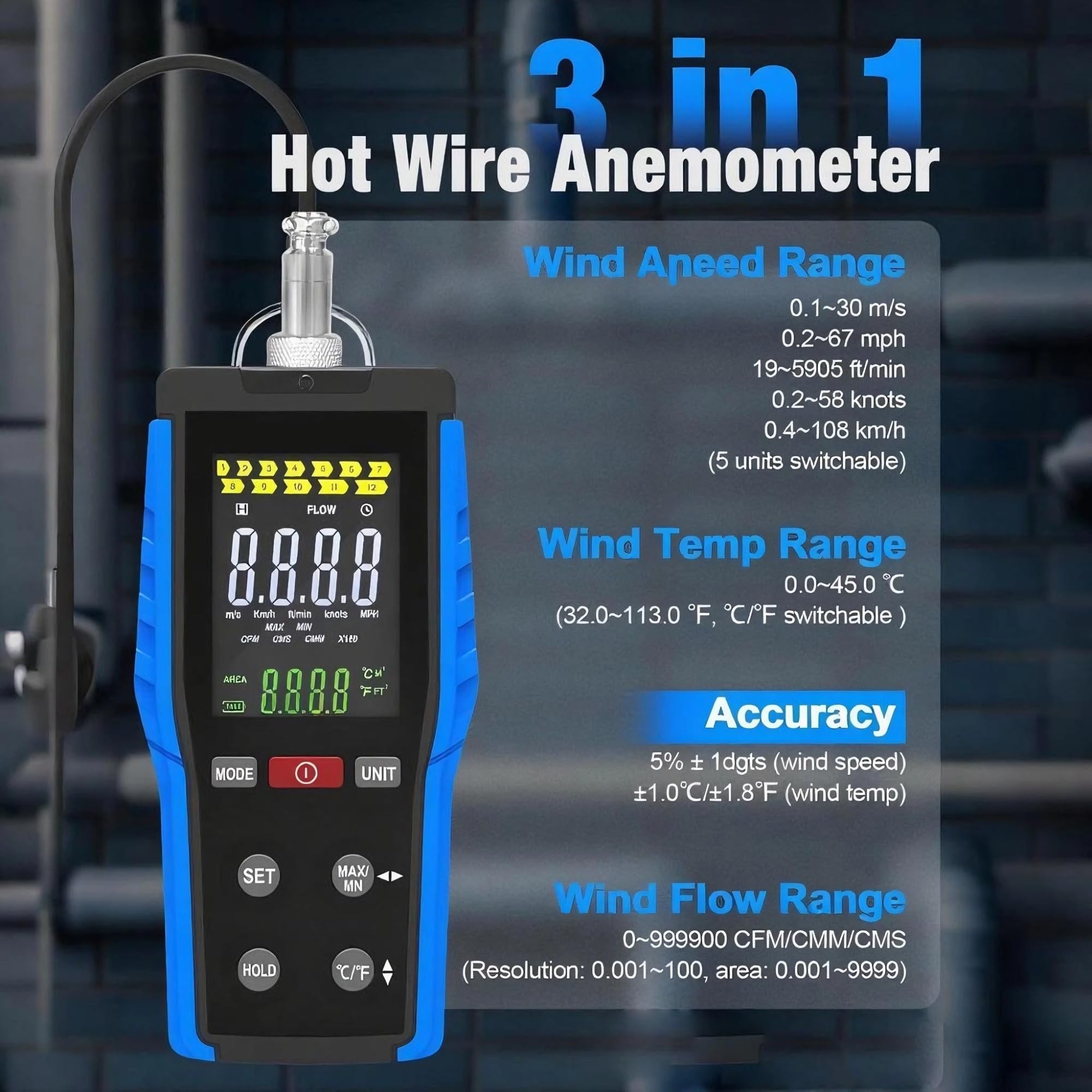 Anemometro, Anemometro a filo caldo, misuratore di portata d'aria portatile 3 in 1 (CFM/CMM/CMS), misuratore di velocità e temperatura del ricaricabile, sonda telescoa