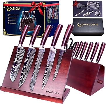 Luxruy Damscus Knife Block Set 15PCS Great Looks and Design with Magnetic Knife Holder and Individual Knife Block for 5 Steak Knives German Steel Extremely Sharp.The Best Gift for Your Chefs