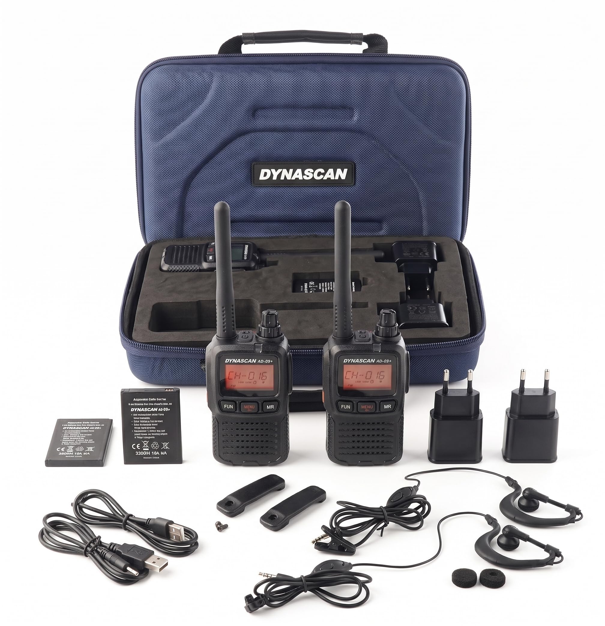Dynascan AD-09+ Plus Pack de 2 Talkies-Walkies PMR446 avec Mallette Professionnelle – Ultra-Compact, Châssis Aluminium, 16 Canaux, Recharge USB, Oreillettes Incluses