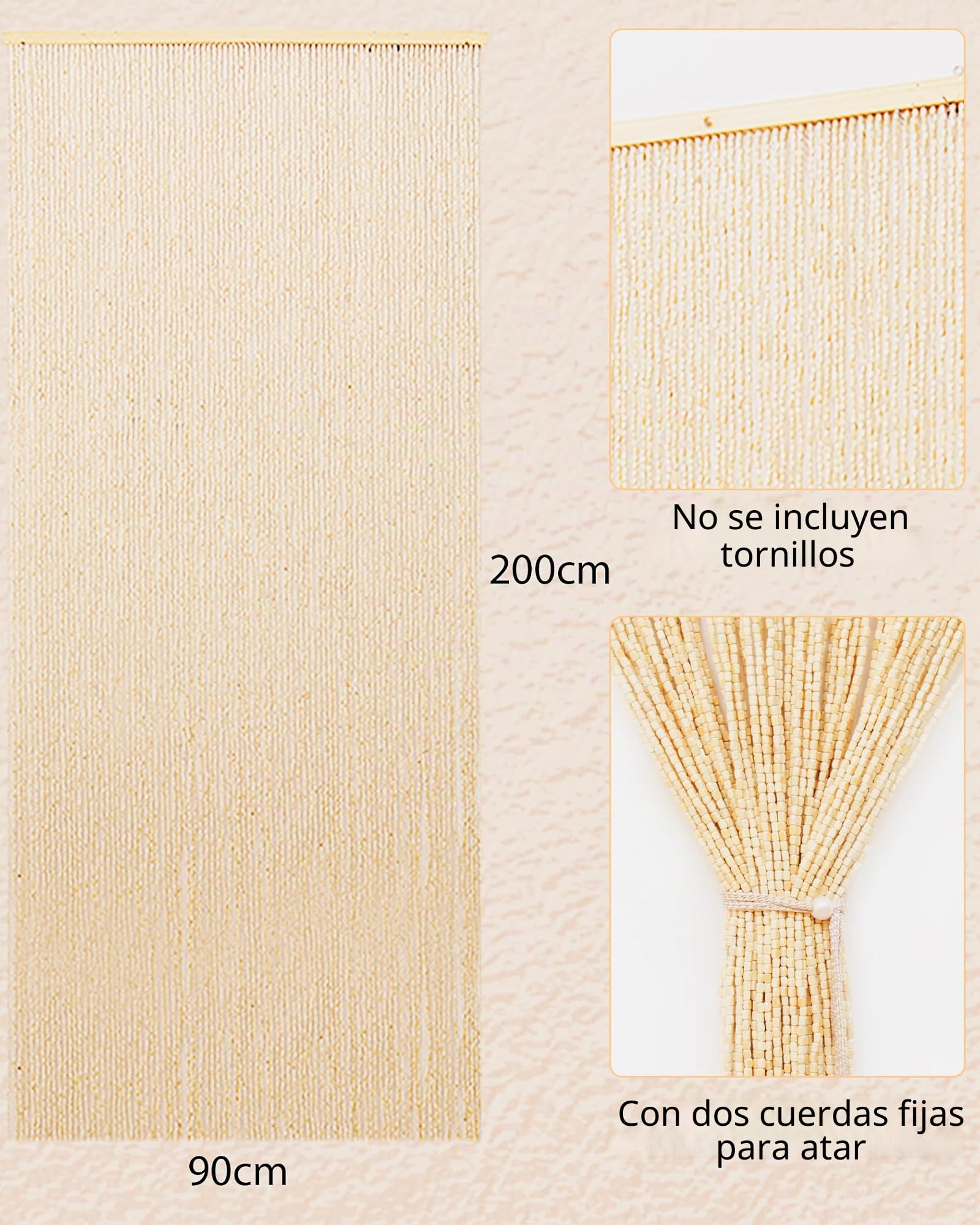90 x 200 cm cortina de perlas de madera – 90 hebras beige retro cortina de cuentas de madera – hecha a mano natural cortina de hilos como protección contra insectos para dormitorio, caravana