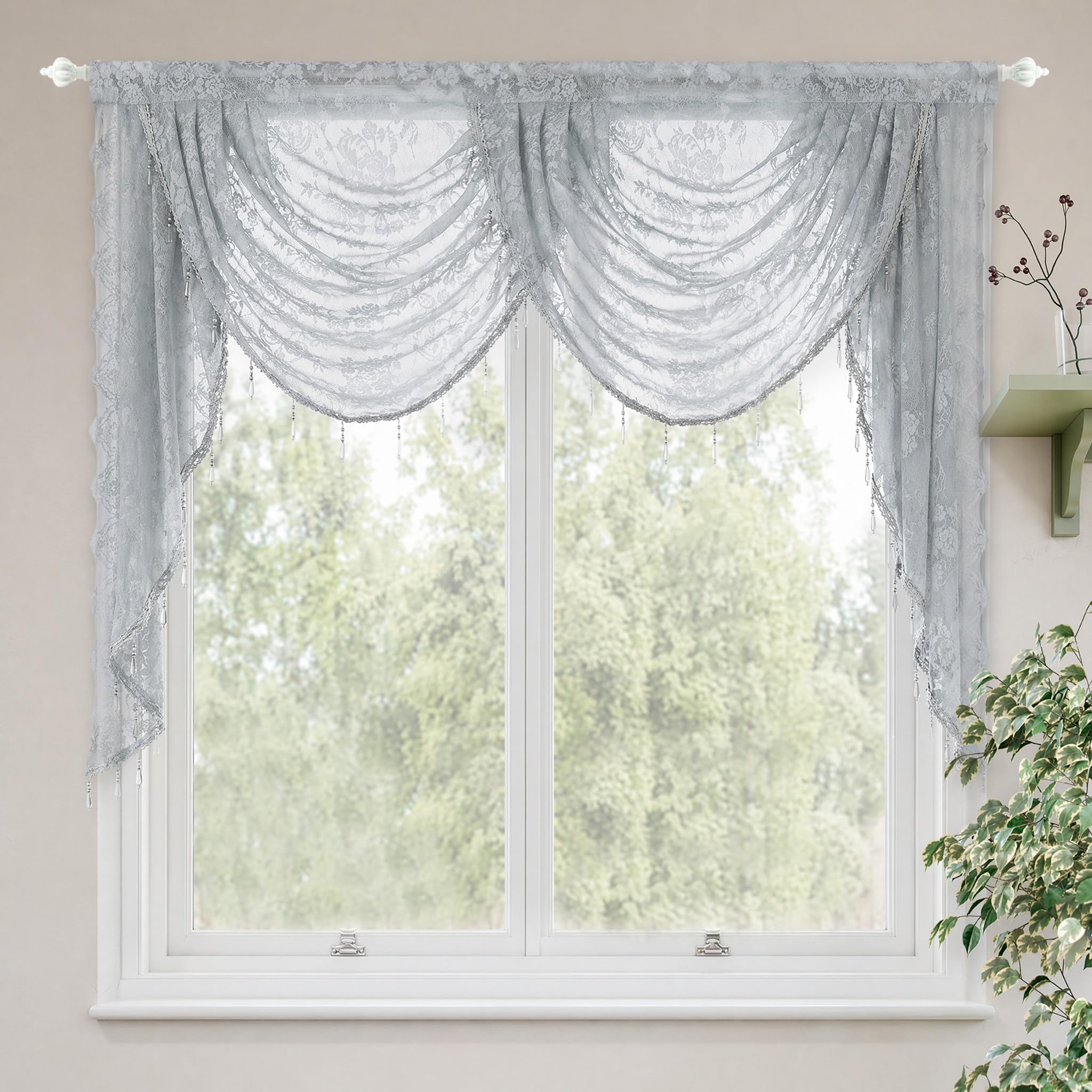 Molaxhome Lace Window Valance Swag Victorian Gothic Style, Sheer Embroidered Floral Curtains with Tassels Rod Pocket, Grey W59 x L41.3 Inches