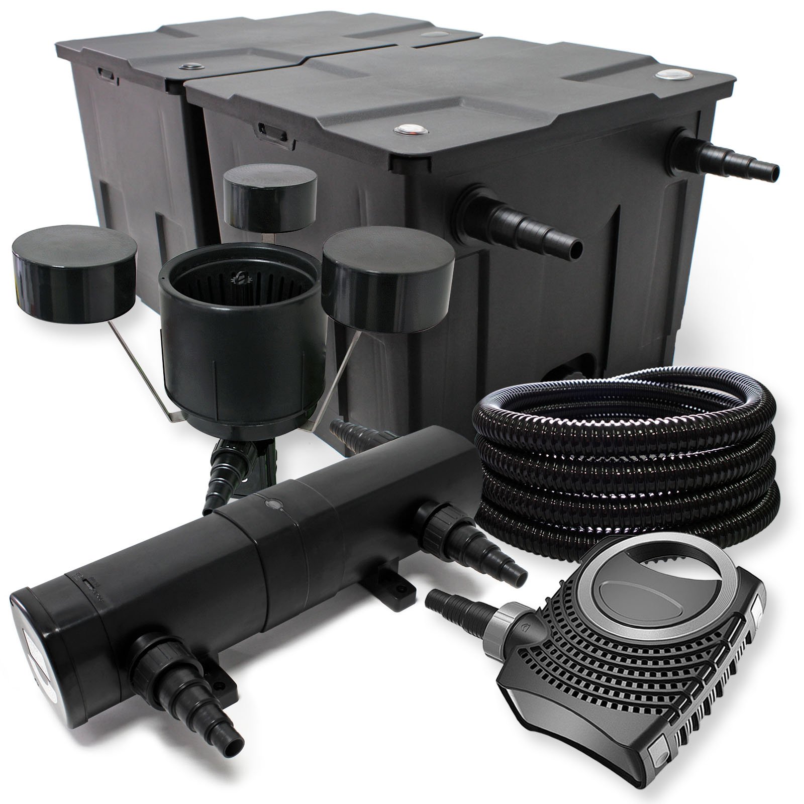 Wiltec CBF-350B Teichfilter bis 60000 L Teichfilteranlage NEO10000 Teichpumpe 10000l/h 80W CUV-236 Teichklärer 36W 25m Teichschlauch 25 mm CSP-250 Skimmer 2500l/h 45W