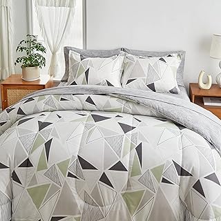 Comforter Sheet Set Bed in a Bag 6 Pieces Twin Size Green Gray Triangles Modern Bedding Set (1 Comforter 2 Pillow Shams 1 Flat Sheet 1 Fitted Sheet 1 Pillowcases)