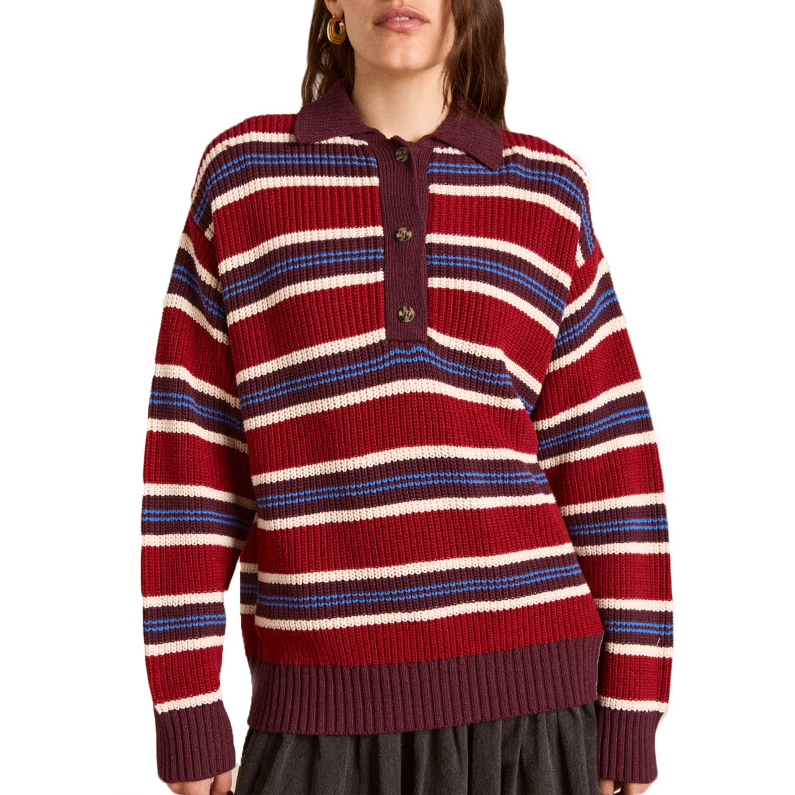 Y2k Striped Sweater for Women Polo Vintage Lapel Collared Sweatshirt Long Sleeve Pullover Tops Winter Clothes