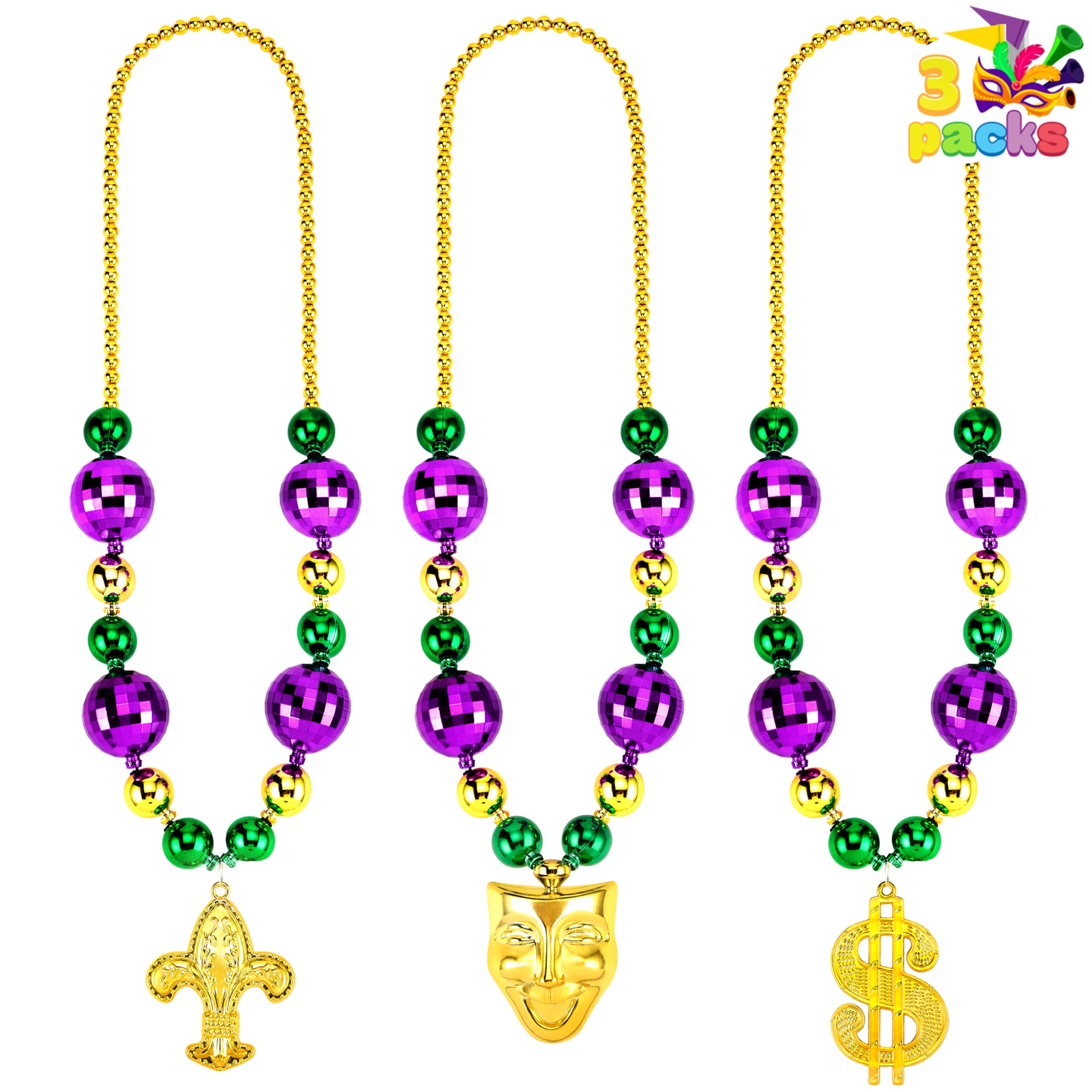JOYIN 3 Pcs Mardi Gras Jumbo Bead Necklaces, Large Gold Green Purple Necklaces Beads for Mardi Gras Parade Decoration Party Favors Supplies, Costume