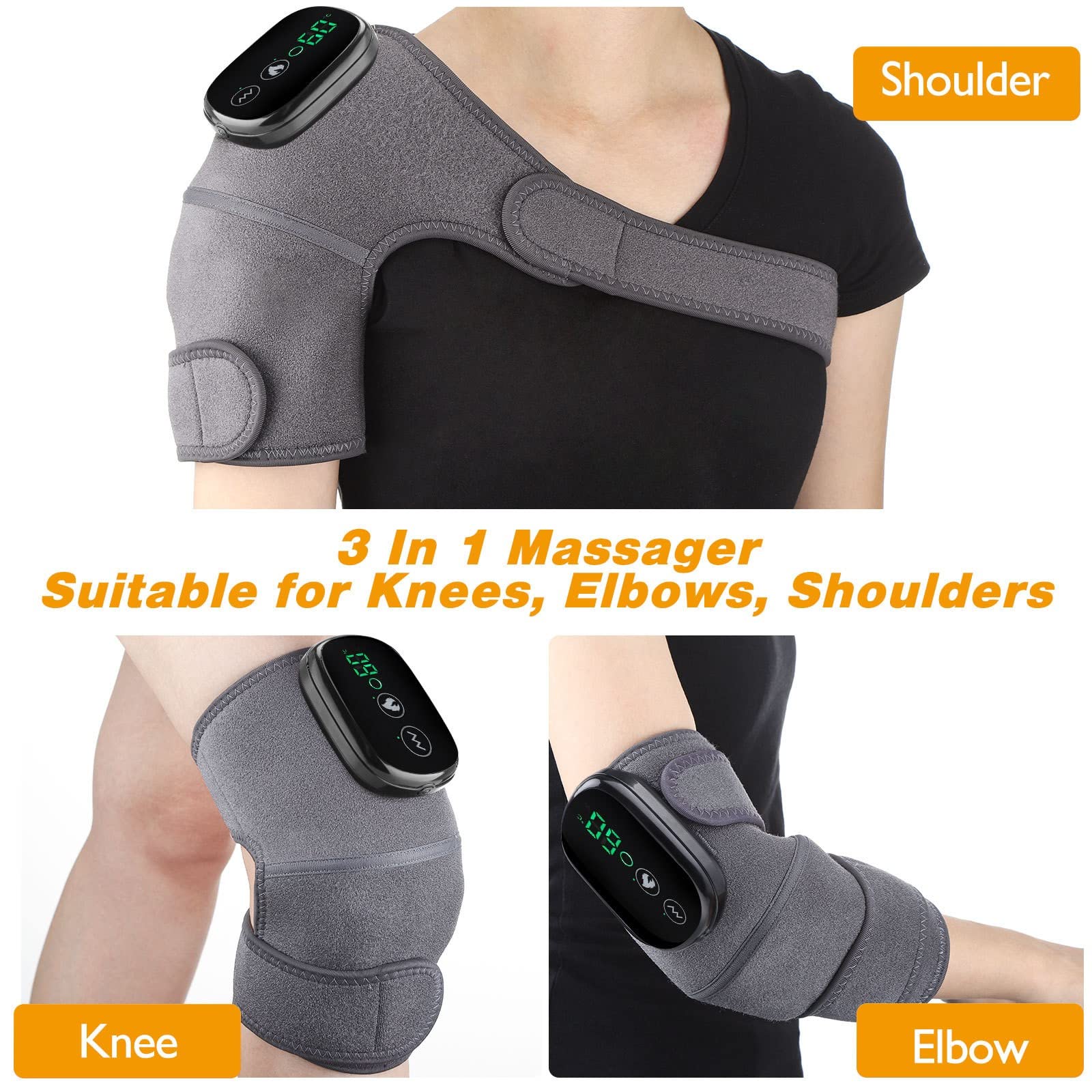Masajeador Rodilla Calentado, Envoltura Soporte Hombro Calefacción con Masaje, Almohadillas Térmicas Vibración para Relajar Codo Hombro Rodilla, Máquina Masaje Inalámbrica A