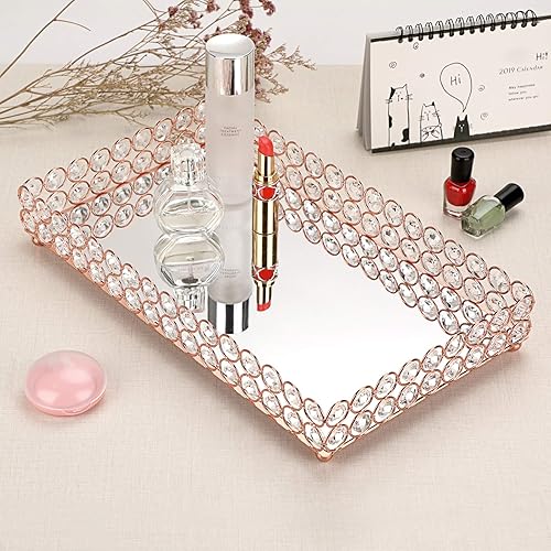 Vista 23 de Hipiwe Bandeja organizadora de joyas decorativa con espejo para perfumes, baratijas, exhibidor de maquillaje, tocador y decoración del hogar Plata