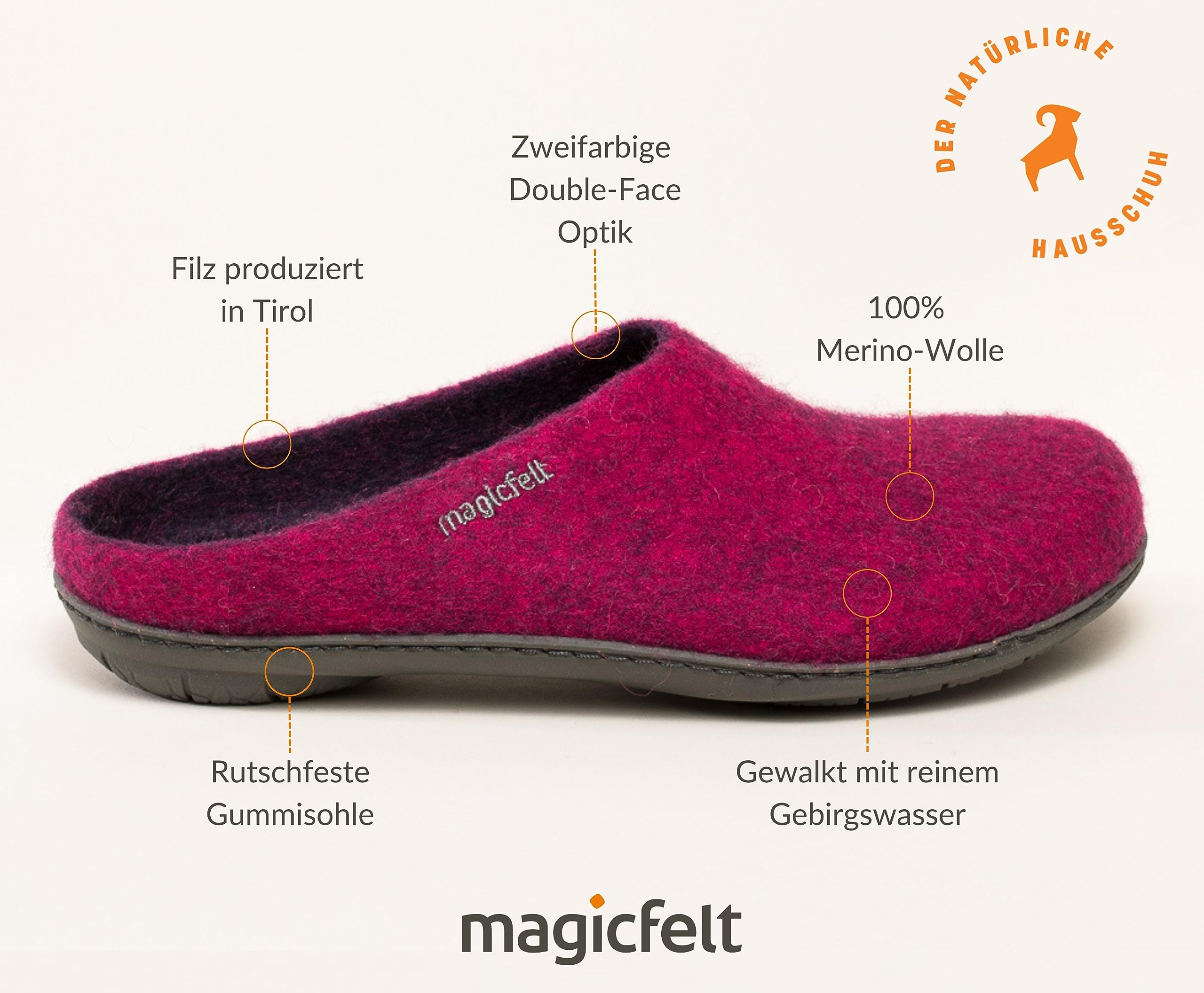 Magicfelt Filz-Hausschuh 736 aus 100% Merino-Wolle | Pantoffel für Damen & Herren mit hochwertiger Gummi-Sohle - Made in Tirol