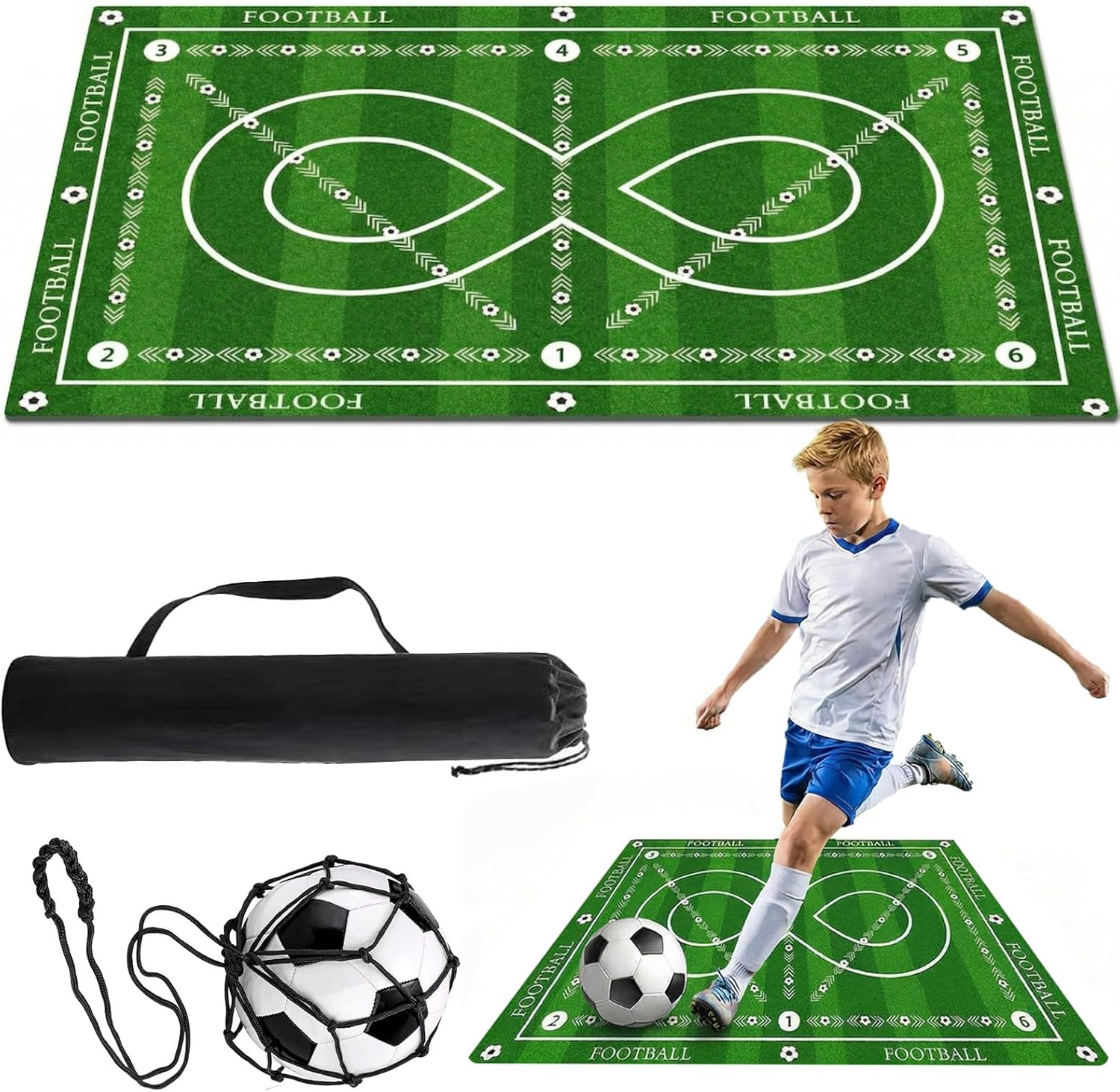 Different Sizes Soccer Training Mat with 8 Design, Non Slip Agility and Dribbling Mat for Ball Control Drills, Portable Indoor Outdoor Use
