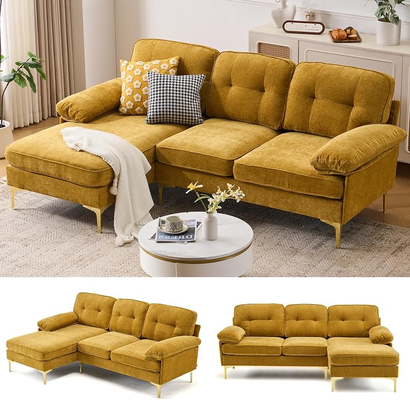 Klmskuk 85" L-Shaped Chenille Sectional Couches for Living Room,Yellow