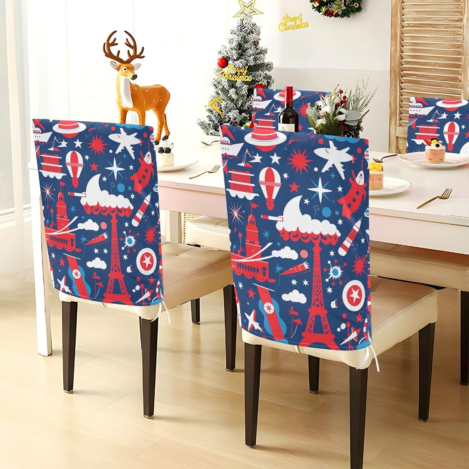 Red and White 4th of July Independence Day Decorative Chair Slip Covers for Ceremony Soft Club Chair Slipcover Protector para sillas de comedor Set of 6