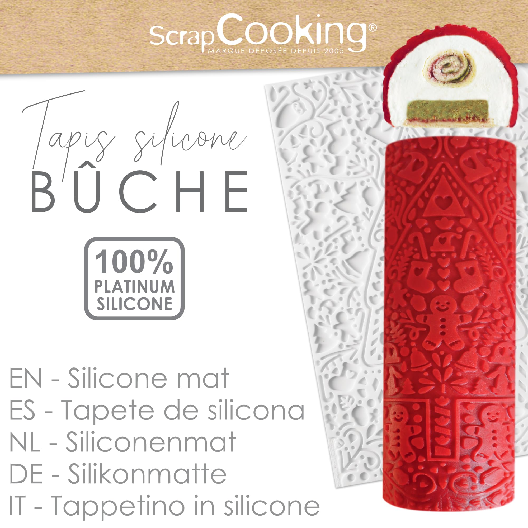ScrapCooking Tappetino In Silicone Platino Per Tronchetto Di Natale 3D - Effetto Trapuntato, 28,3x18 Cm, Con Ricetta, Bianco