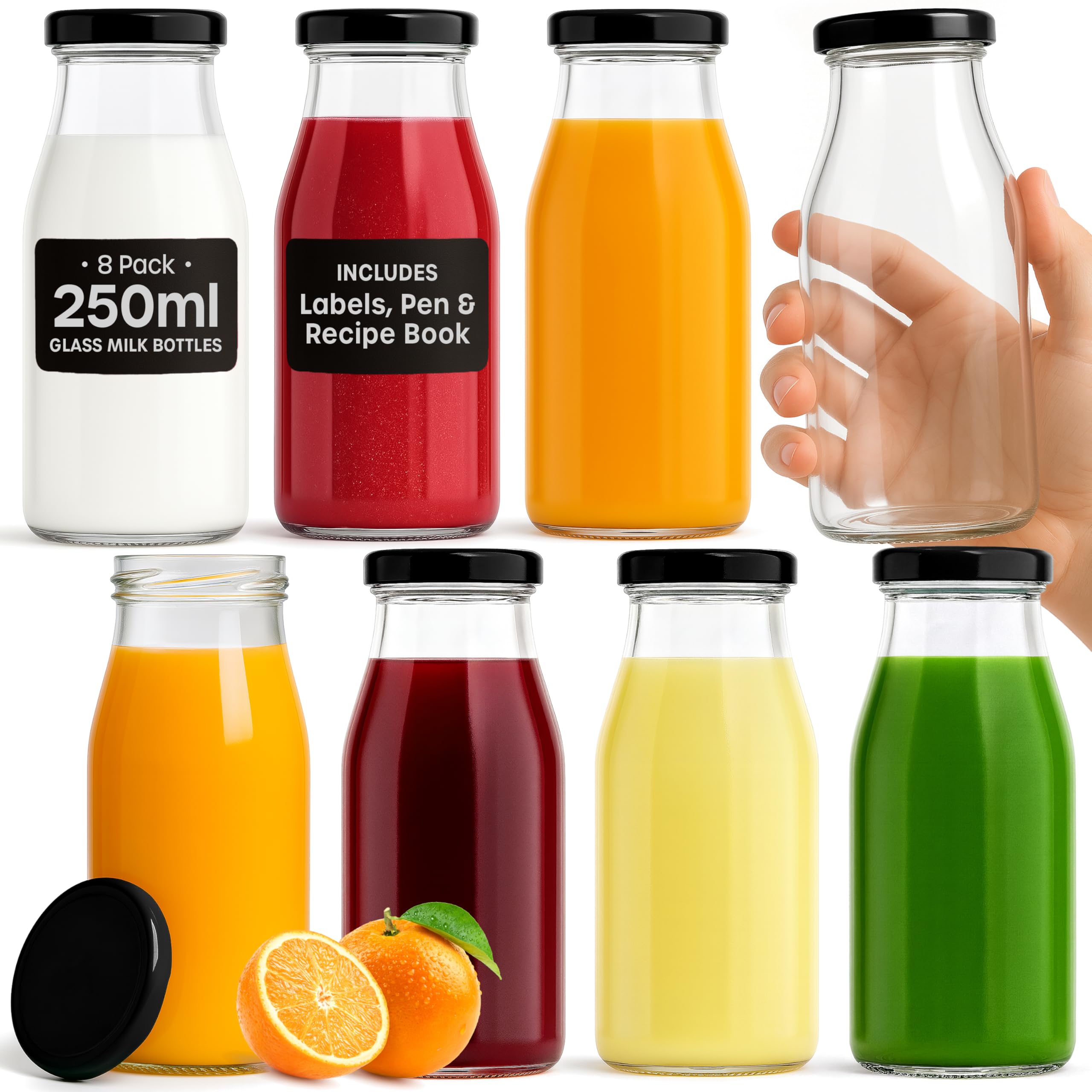 volila Glass Milk Bottles with Lids - 8 Pack x 250ml Glass Bottles with Lids, Labels, and Pen - Reusable Milk Bottle for Juices, Dressings, Sauces, Beverages, Decoration and Storage (Black Lid)