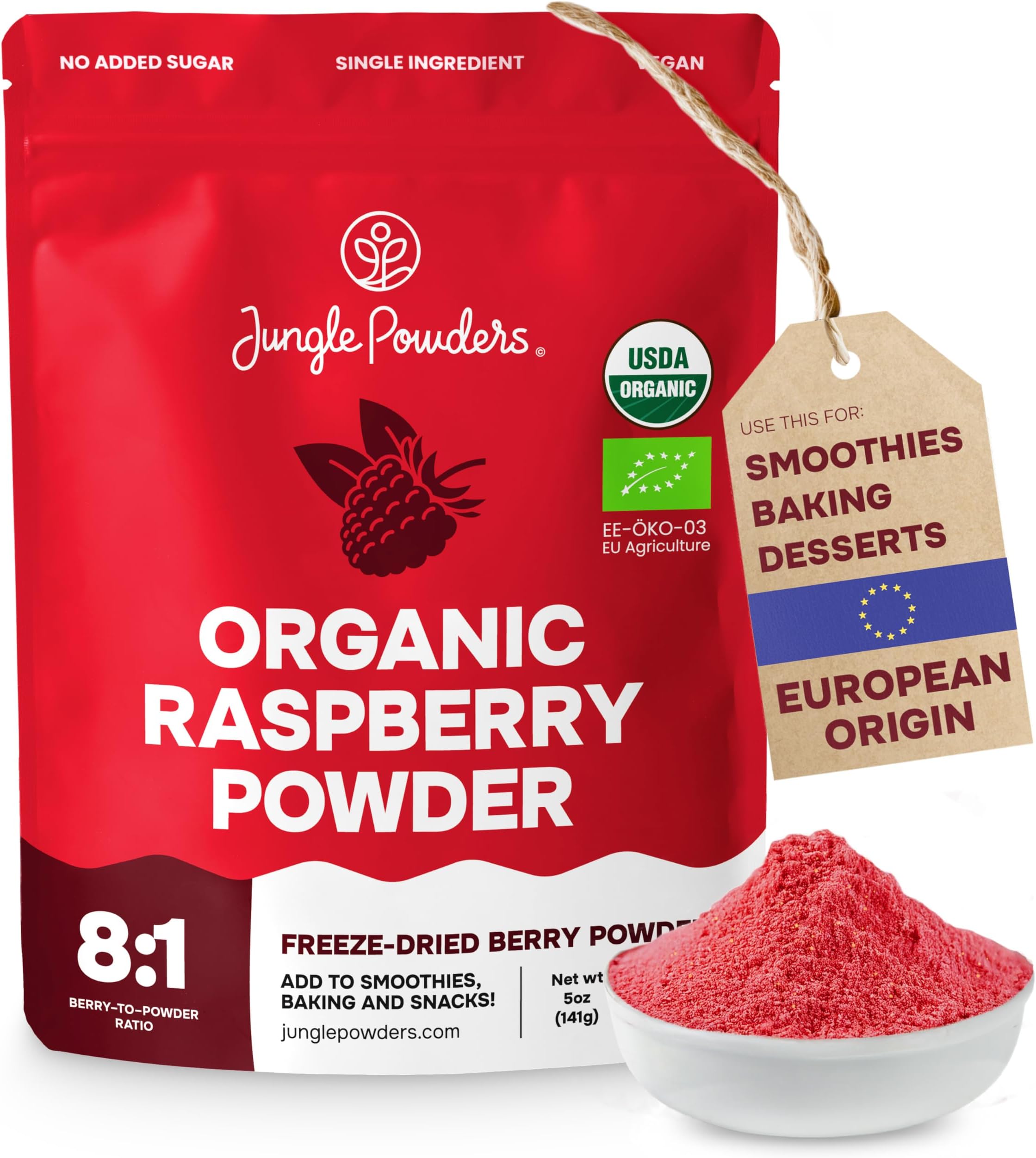 Jungle Powders Organic Raspberry Powder 5 Ounce Bag, USDA Organic Freeze Dried Raspberries from Whole Berry for Baking, Additive Filler Free Red Superfood Extract Rasberries Smoothies Organic Dehydrated