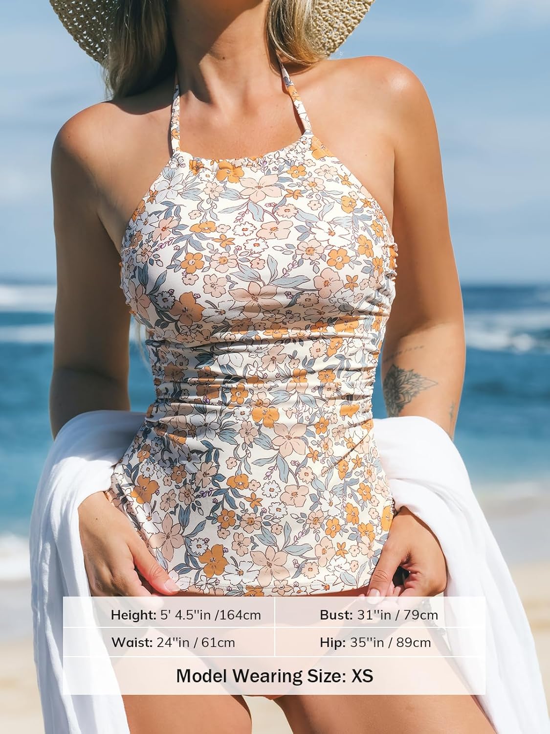 CUPSHE Women's Tankini Sets Two Piece Swimsuit High Neck Halter Mid Rise Adjustable Drawstrings - Image 5