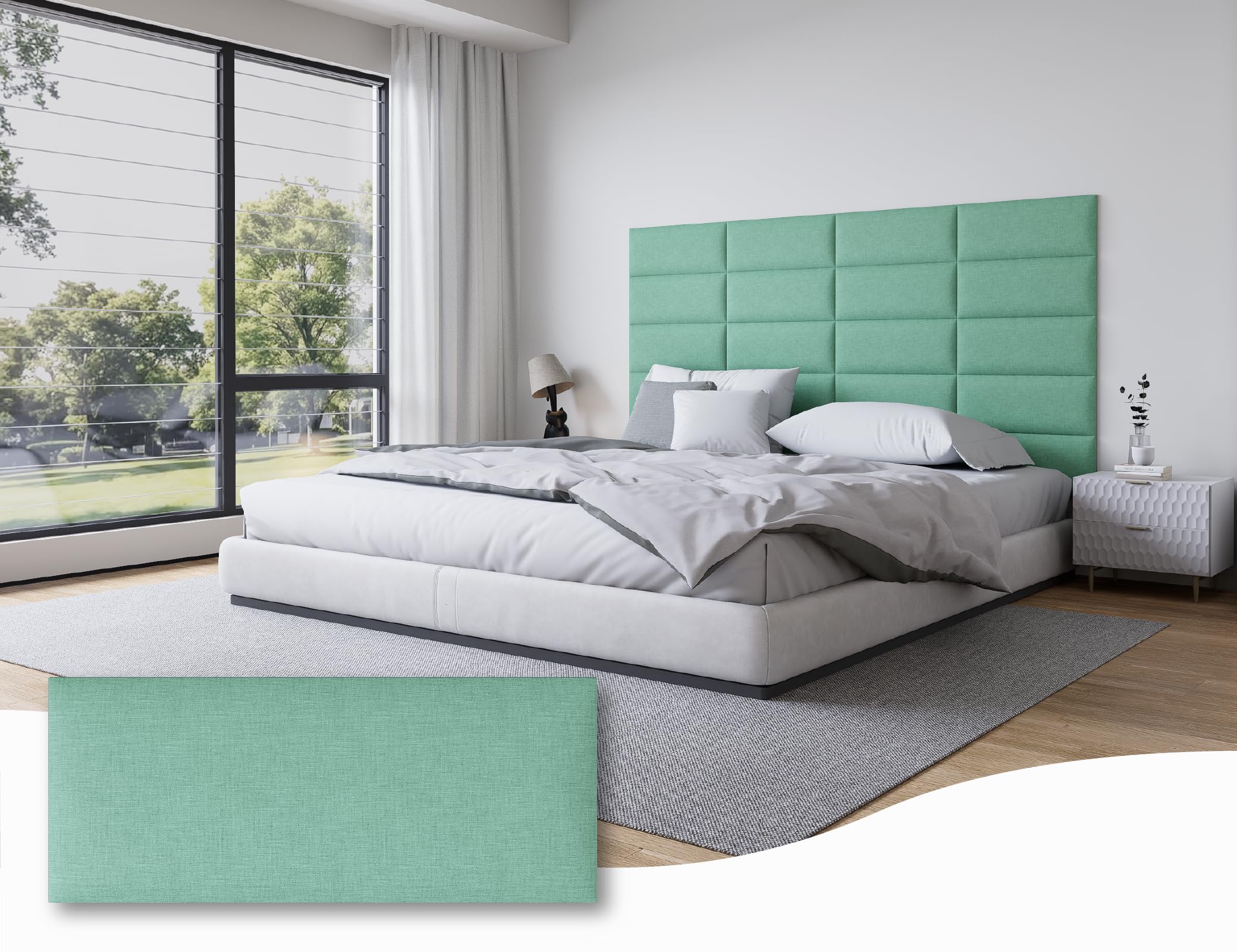 Fabric Grass Green Upholstered Headboard Queen Size, 12PCS Peel and Stick Wall Panels, Decorative Tufted Backboard for Bedroom Use, 10"x24" Each, Fabric - Grass Green