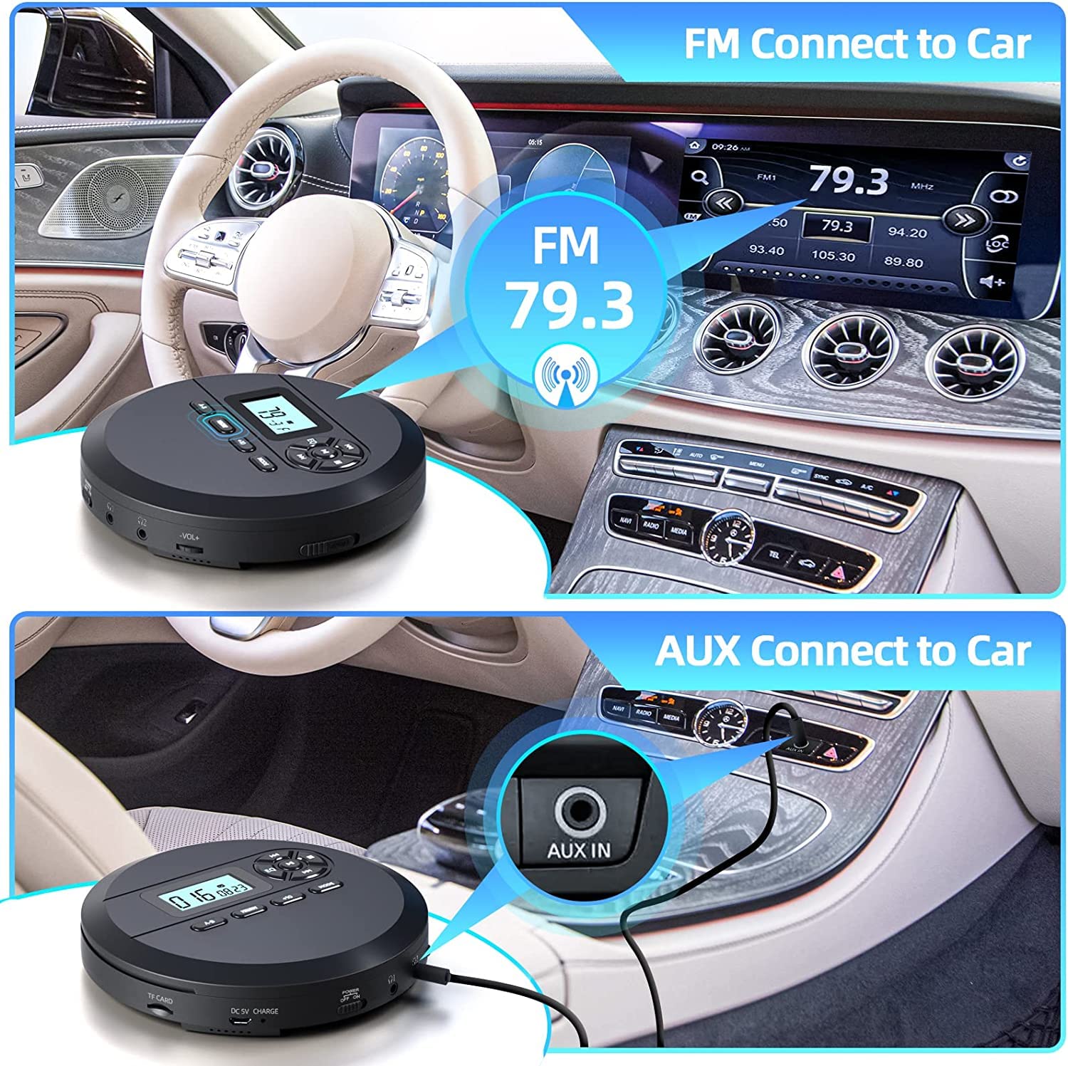 DESOBRY Lettore CD portatile con altoparlanti e trasmettitore FM, lettore CD per auto, batteria integrata da 2000 mAh, schermo LCD