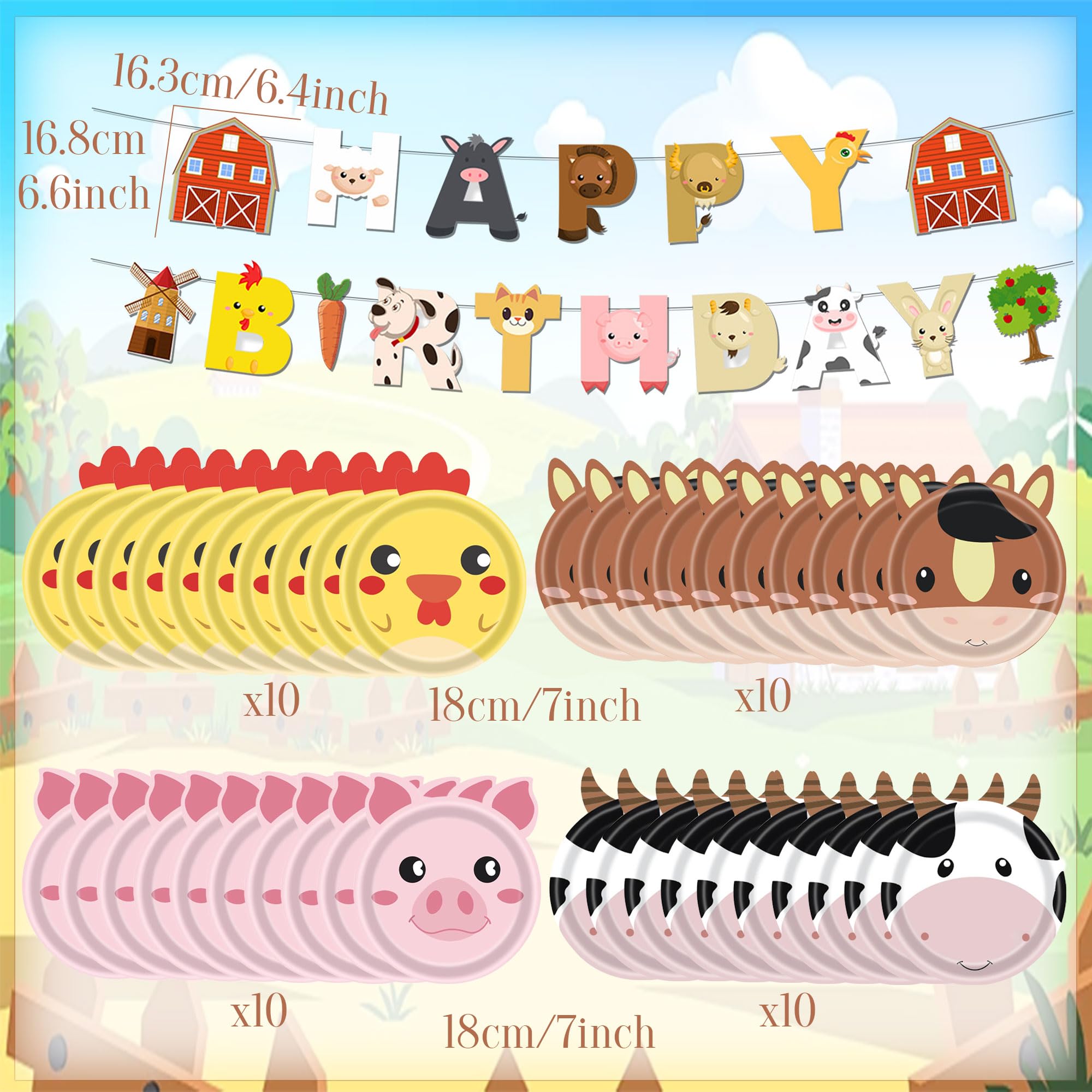 JeVenis platos de papel con animales de granja vajilla desechable granja | platos de papel con animales de granja vajilla desechable granja bandera de cumpleaños accesorios para fiestas de cumpleaños