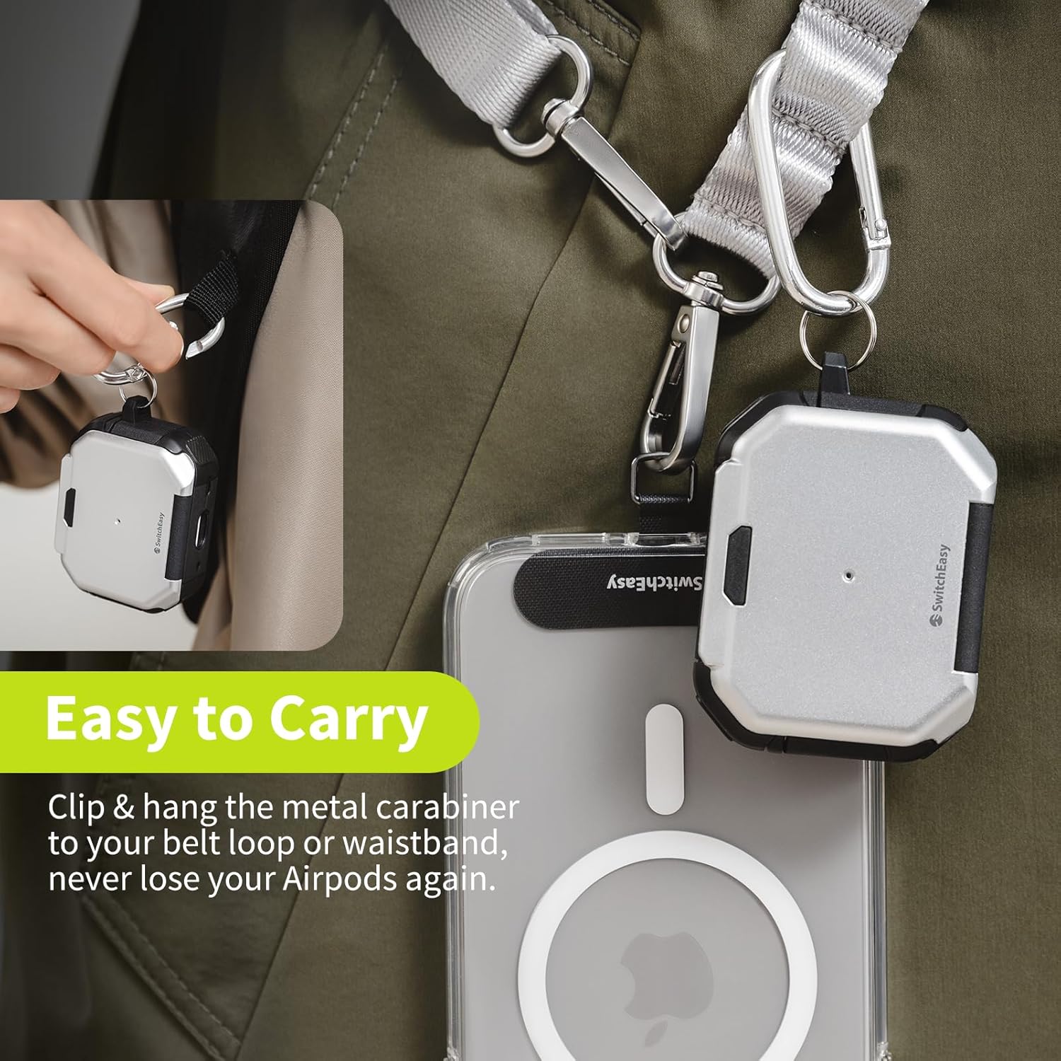 SwitchEasy Defender+ AirPods Pro Locking Case 2nd Generation & 1st Generation - Wireless Charging Case with Phone Stand, Shockproof Protection for Apple AirPods, AirPod Pro Case with Lock - Silver