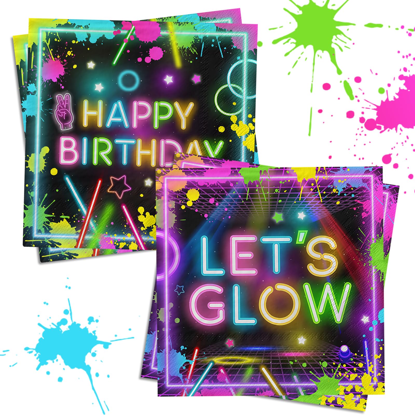 Glow Party Supplies,40Pcs Glow Party Napkins Neon Birthday Paper Napkins Glow in the Dark Birthday Theme Decorations for Bbay Shower, Lets Glow Party