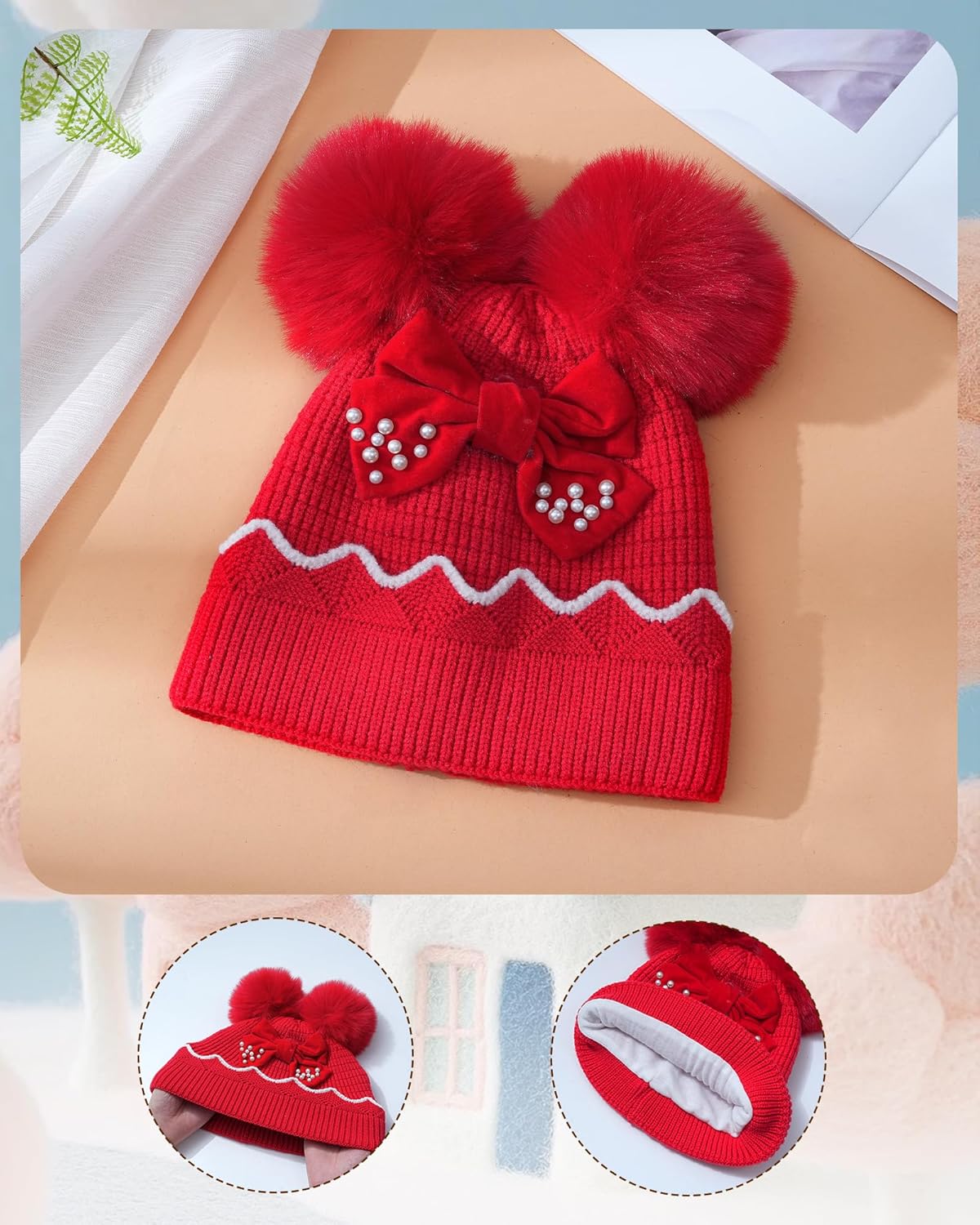 Mesovor Cute Bow Winter Beanie Hat for Baby Girls, Double Pom Pom Toddler Beanies | Kids Warm Knitted Cuffed Cap - Image 6