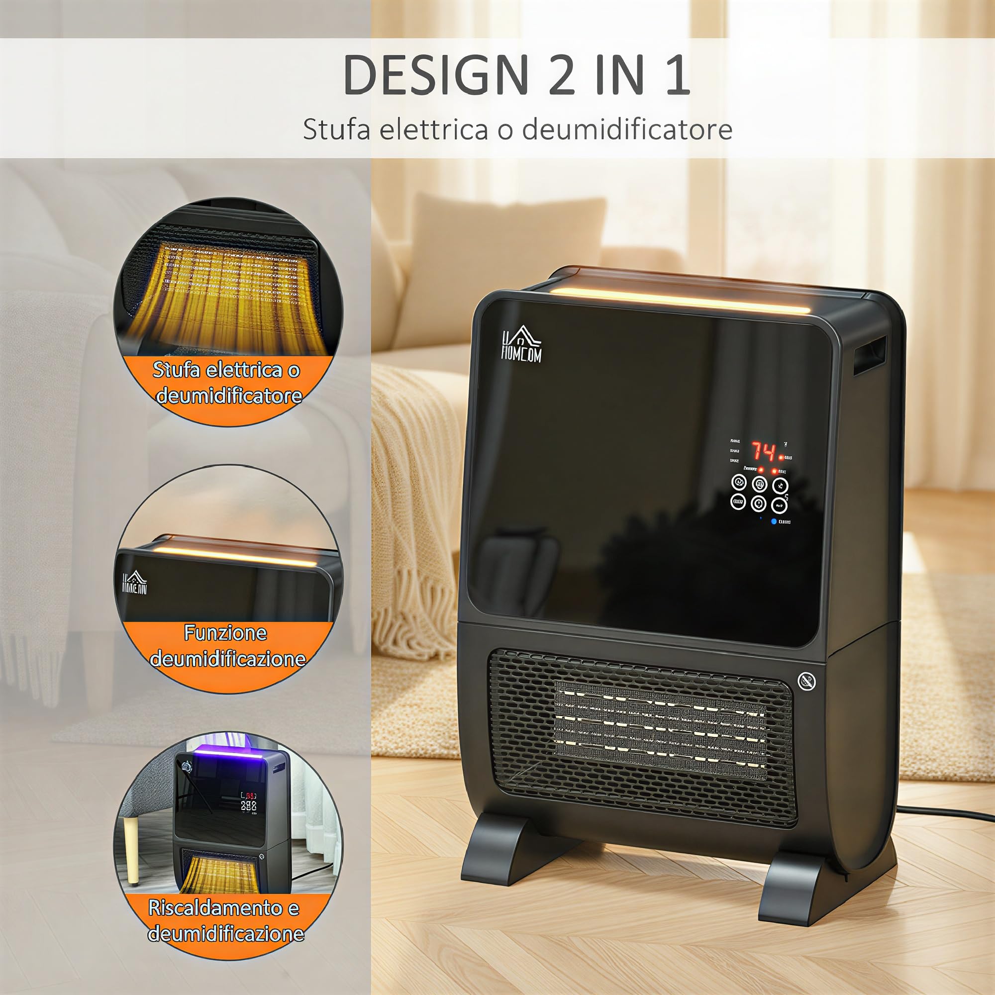 HOMCOM Stufa Elettrica 2 in 1 con Umidificatore LED 33x21x49.5cm Nero