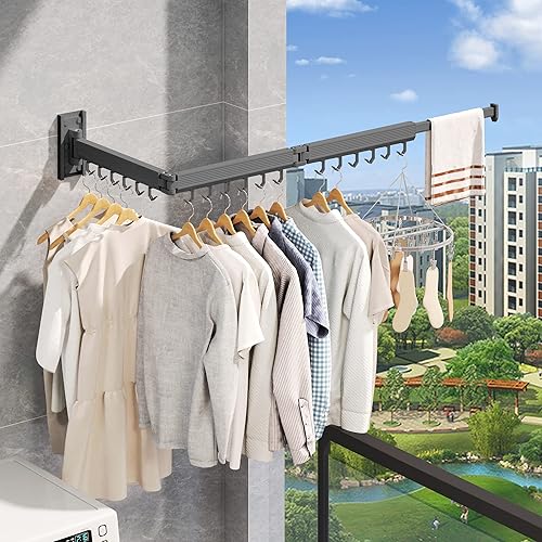 Miniatura 3 de CHAHUANV Estante de secado de ropa montado en la pared, estante de secado de ropa de pared, colgador de ropa de lavandería, tendedero retráctil para