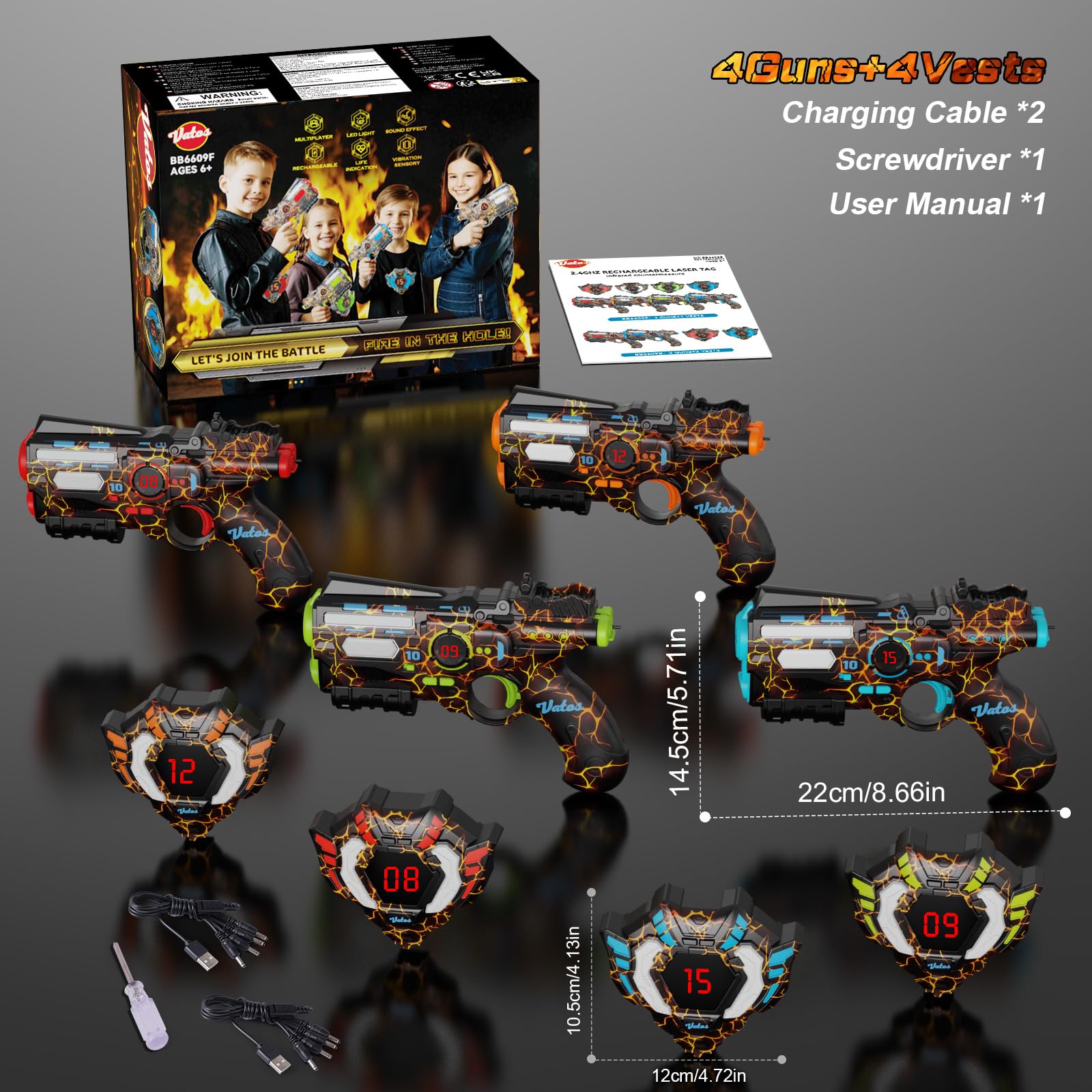 VATOS Laser Tag Rechargeable 4 Joueurs - 4 Pistolets et 4 capteurs de Veste entièrement synchronisés avec Les données 2.4GHz - Jouets et idées d'anniversaire Laser Tag Gun pour Les Enfants